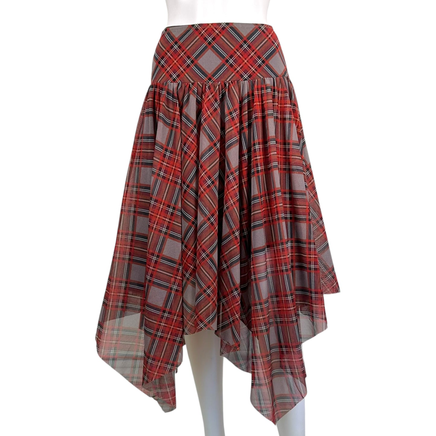 Jean Paul Gaultier Red Plaid Mesh Asymmetrical Hem Skirt
