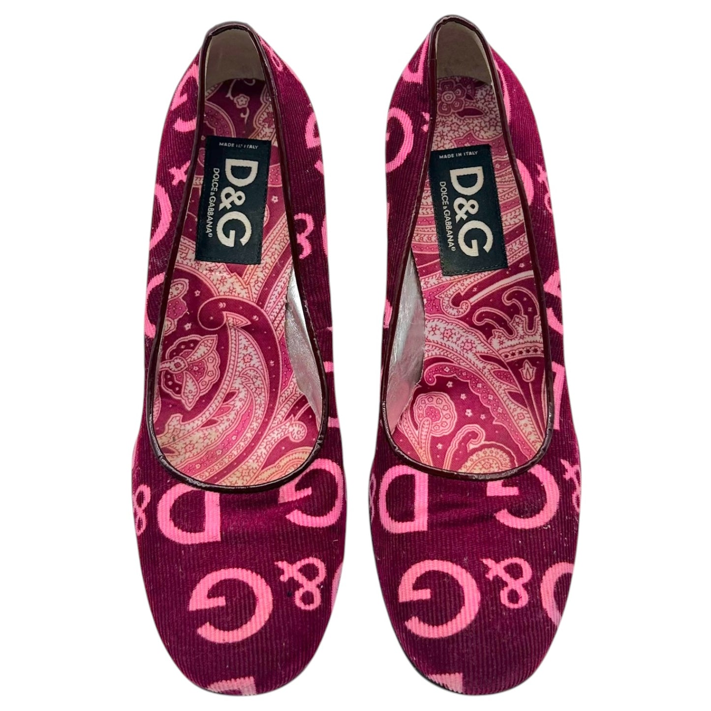 D&G Pink Purple Logo Print Corduroy Heels