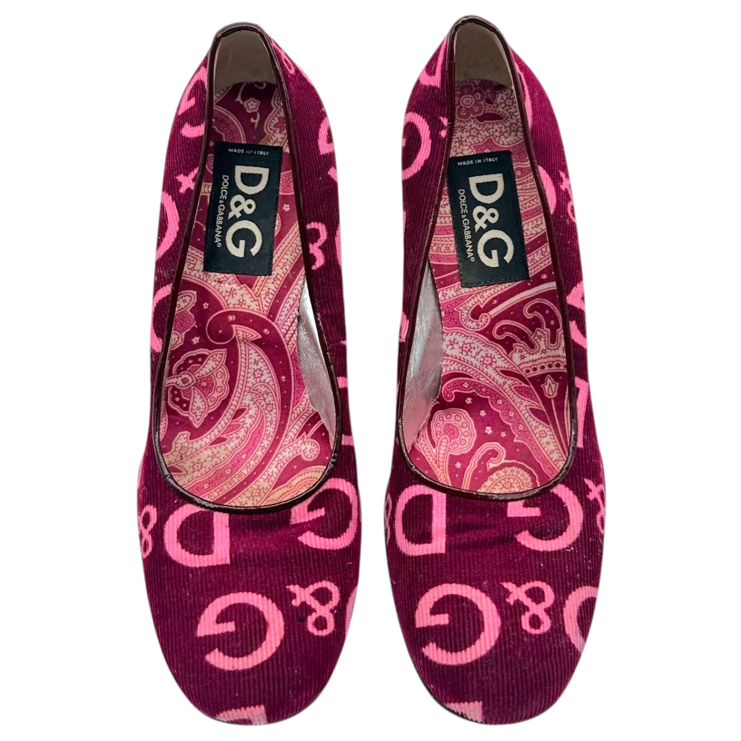 D&G Pink Purple Logo Print Corduroy Heels
