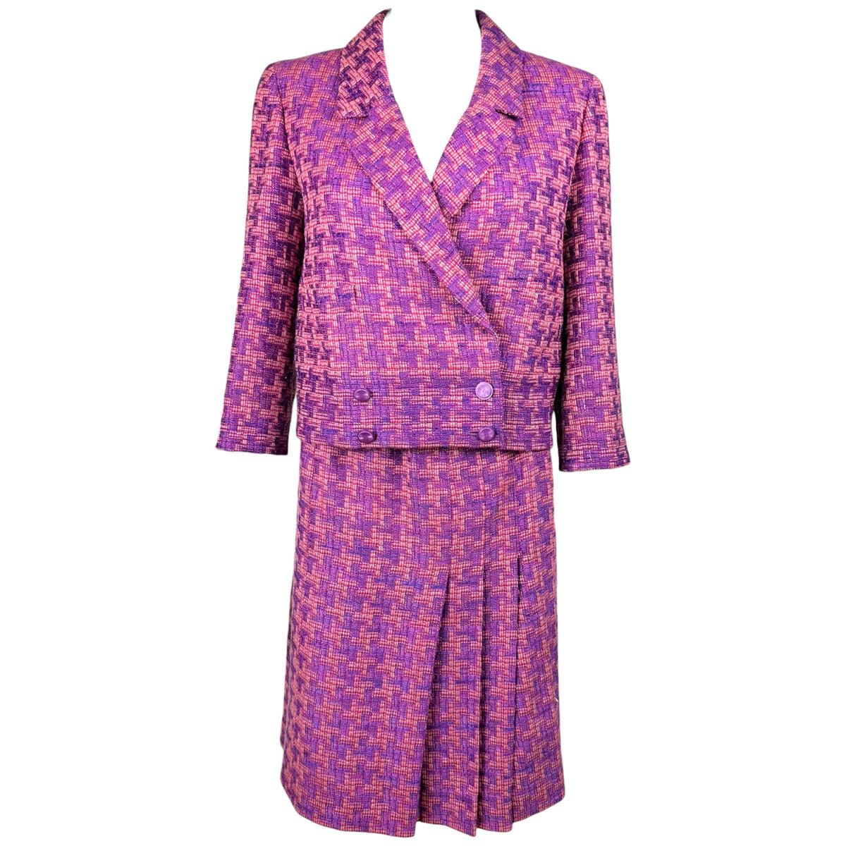 Chanel Pink Purple Houndstooth Tweed Crop Blazer Midi Skirt