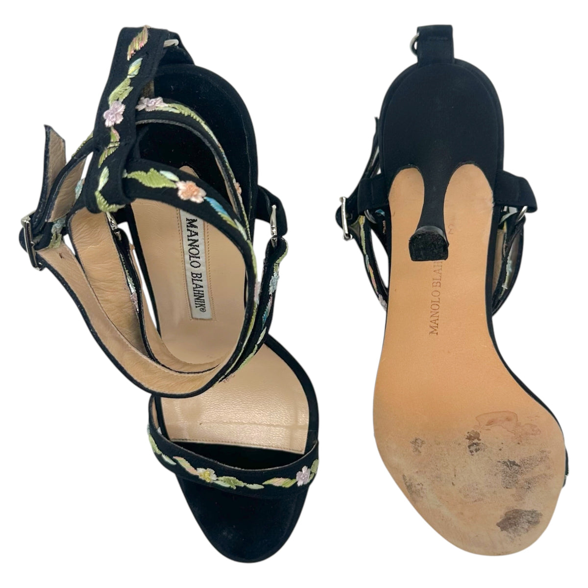 Manolo Blahnik Black Floral Embroidered Ankle Wrap Sandals