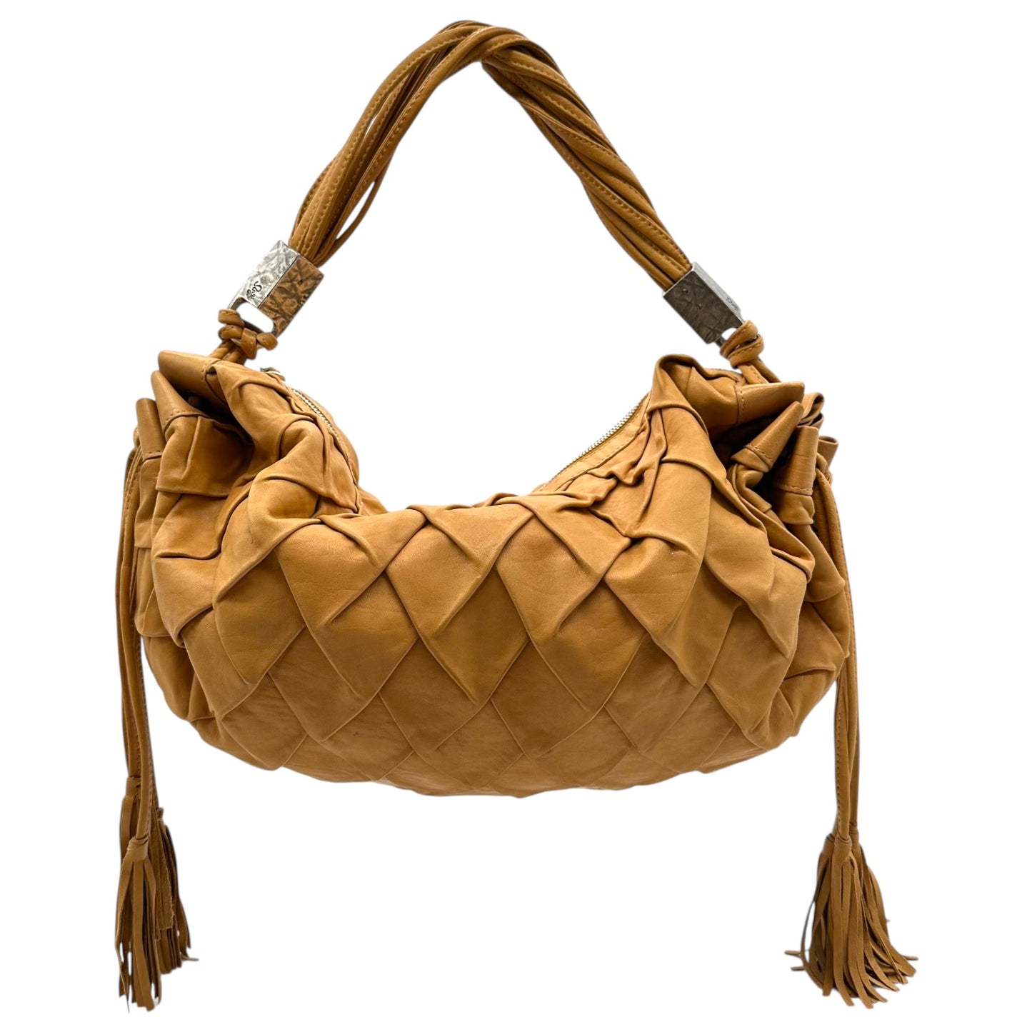 Roberto Cavalli Tan Leather Fringe Trim Hobo Shoulder Bag