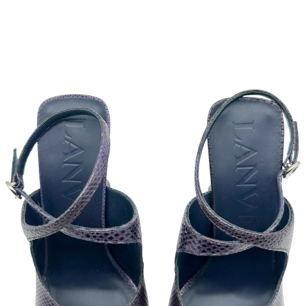 Lanvin Deep Purple Lizard Skin Square Toe Sandal Heels NEW