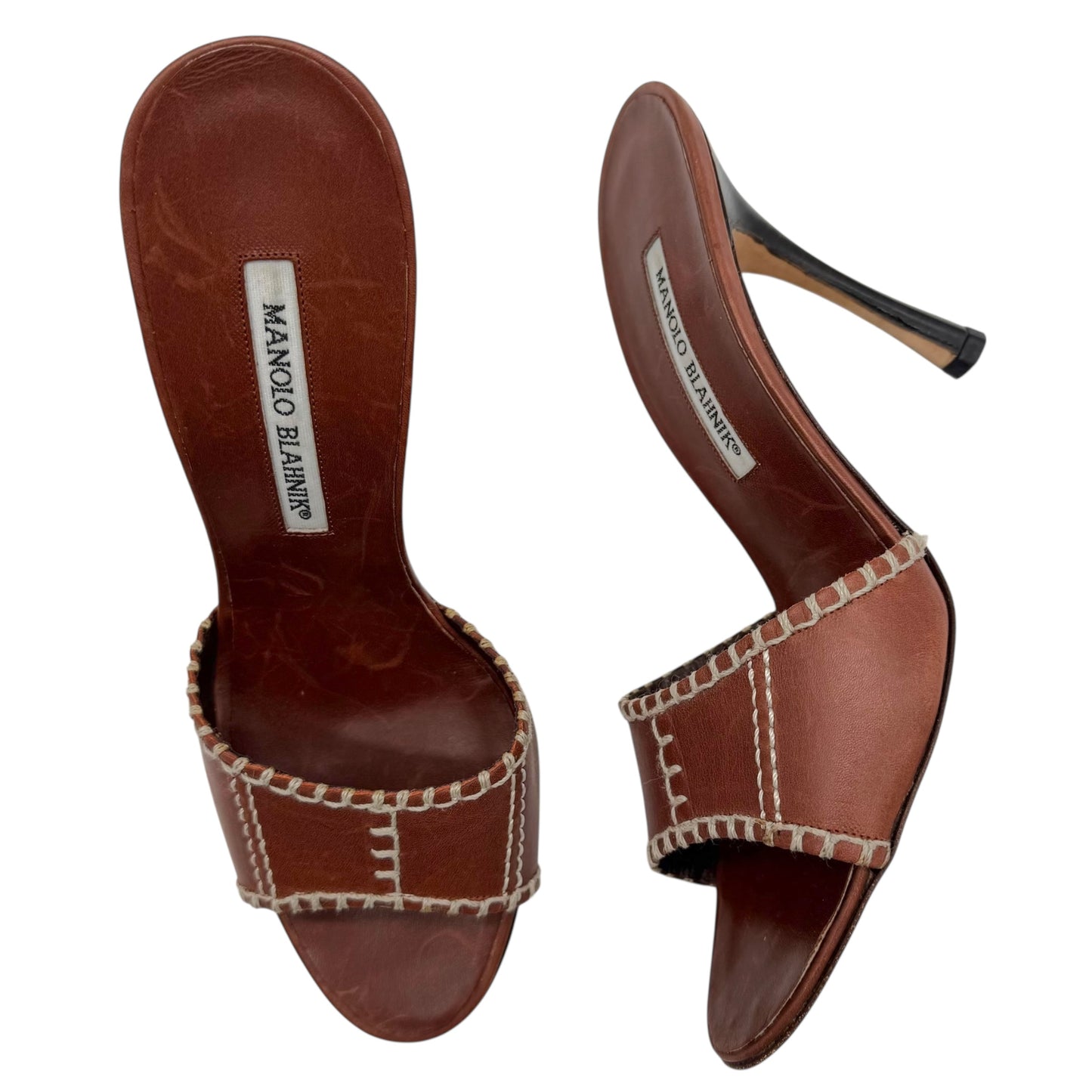 Manolo Blahnik Brown Whipstitch Heeled Mules - Outfit Repeater