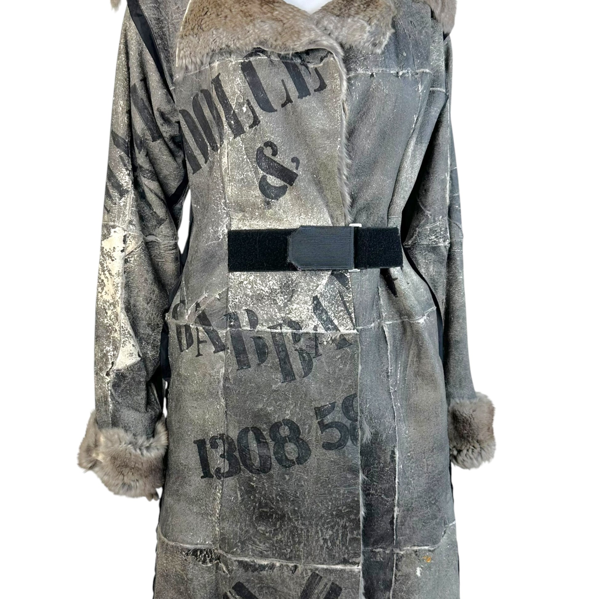 Dolce & Gabbana Gray Rabbit Fur Coat Distressed Print