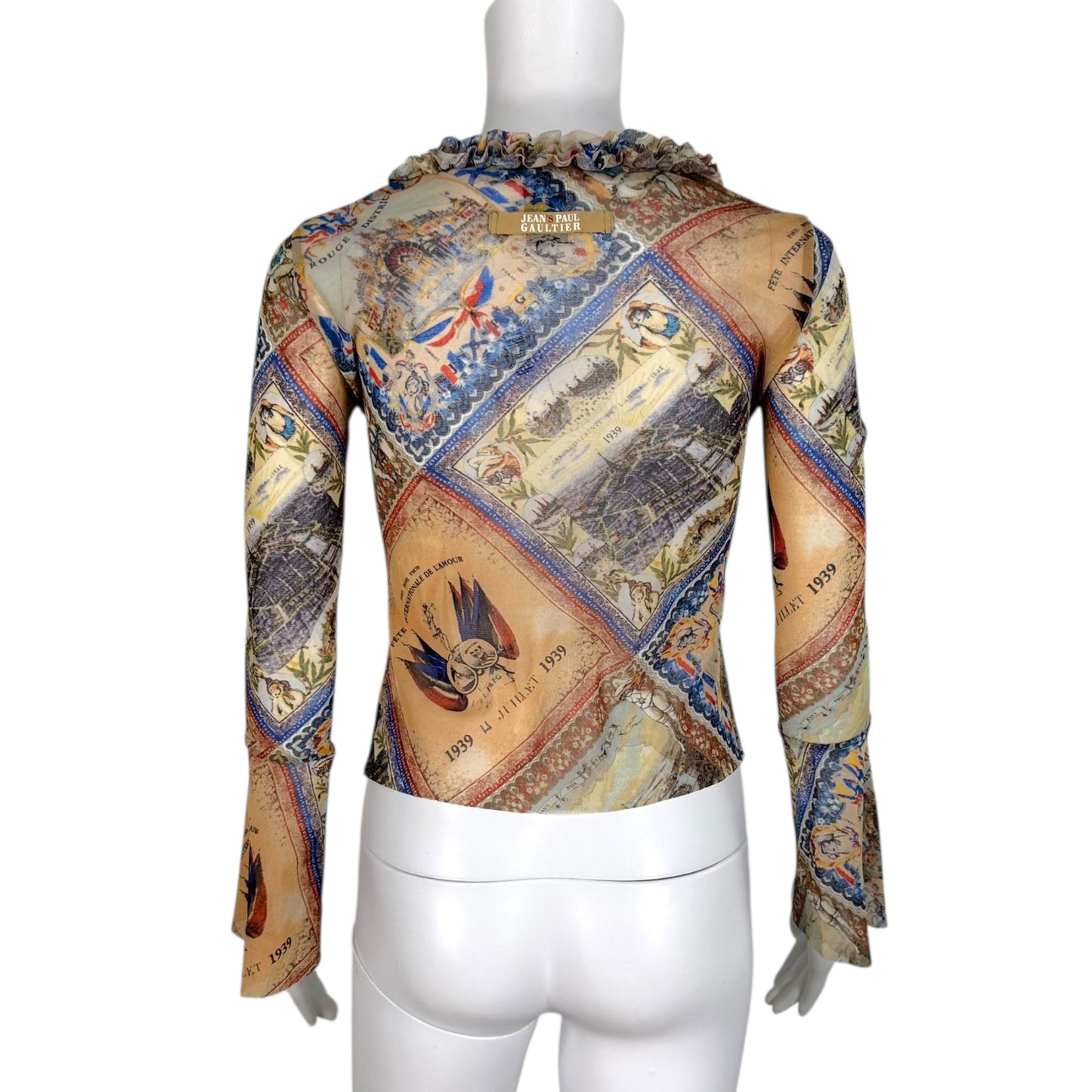 Jean Paul Gaultier Postcard Print Mesh Ruffle Trim Blouse