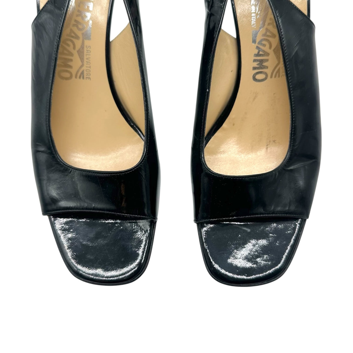 Salvatore Ferragamo Black Patent & Silver Kitten Heel Slingback Sandals