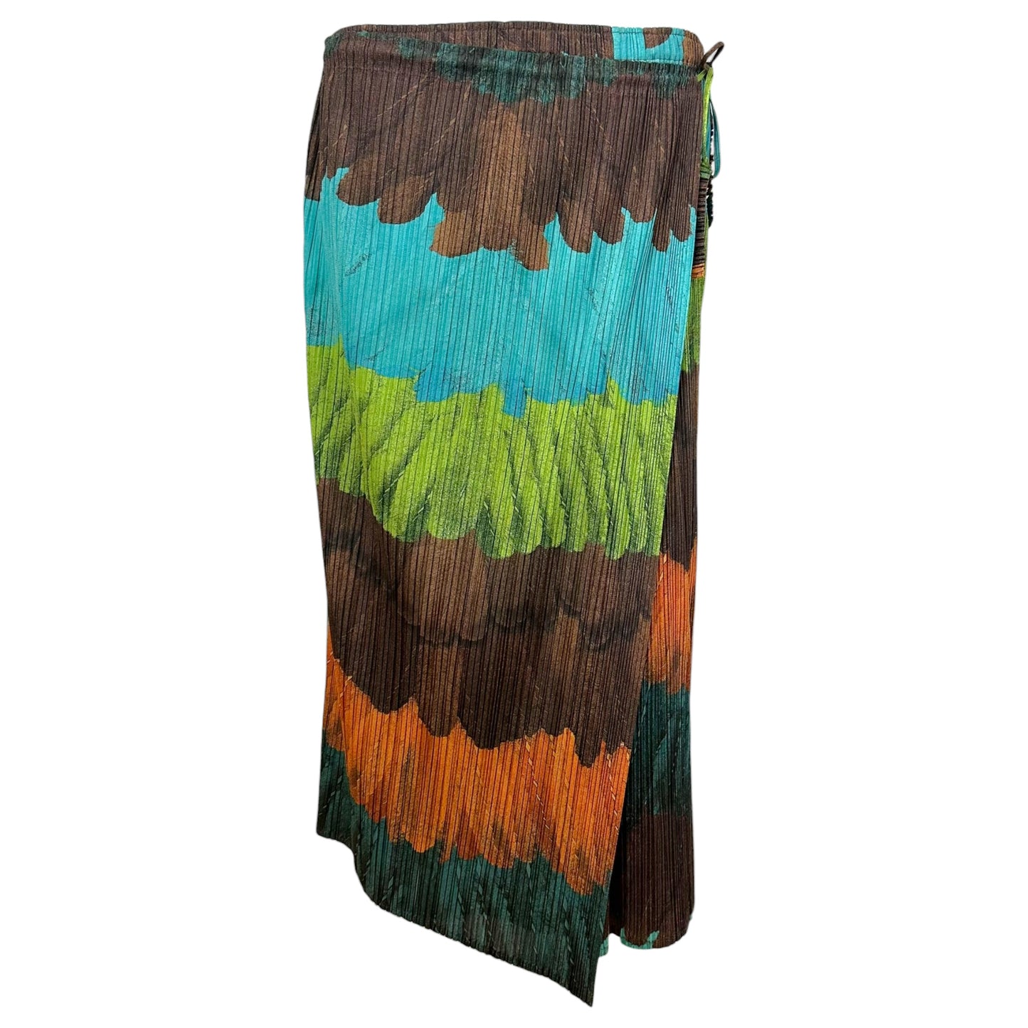 Issey Miyake Pleats Please Turquoise Brown Multi Feather Print Midi Wrap Skirt