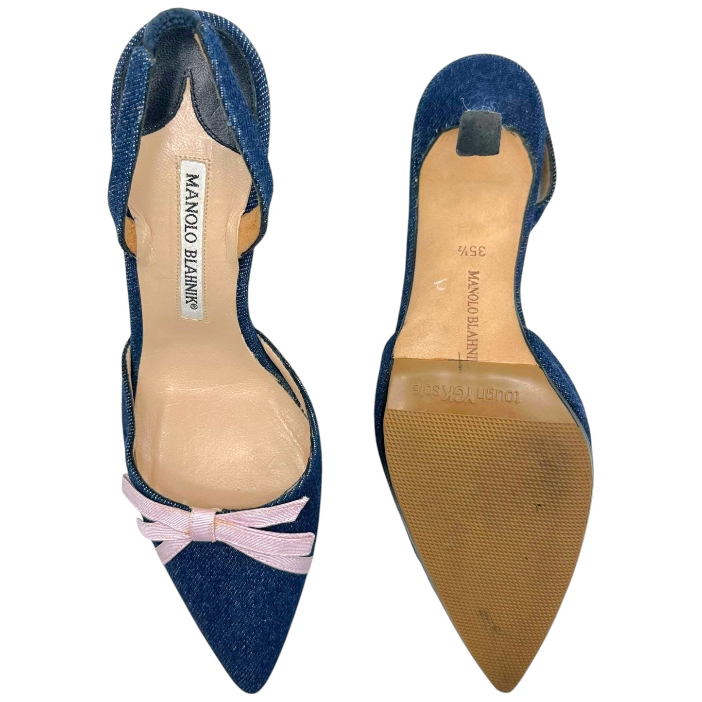 Manolo Blahnik Denim & Pink Bow Slingback Heels