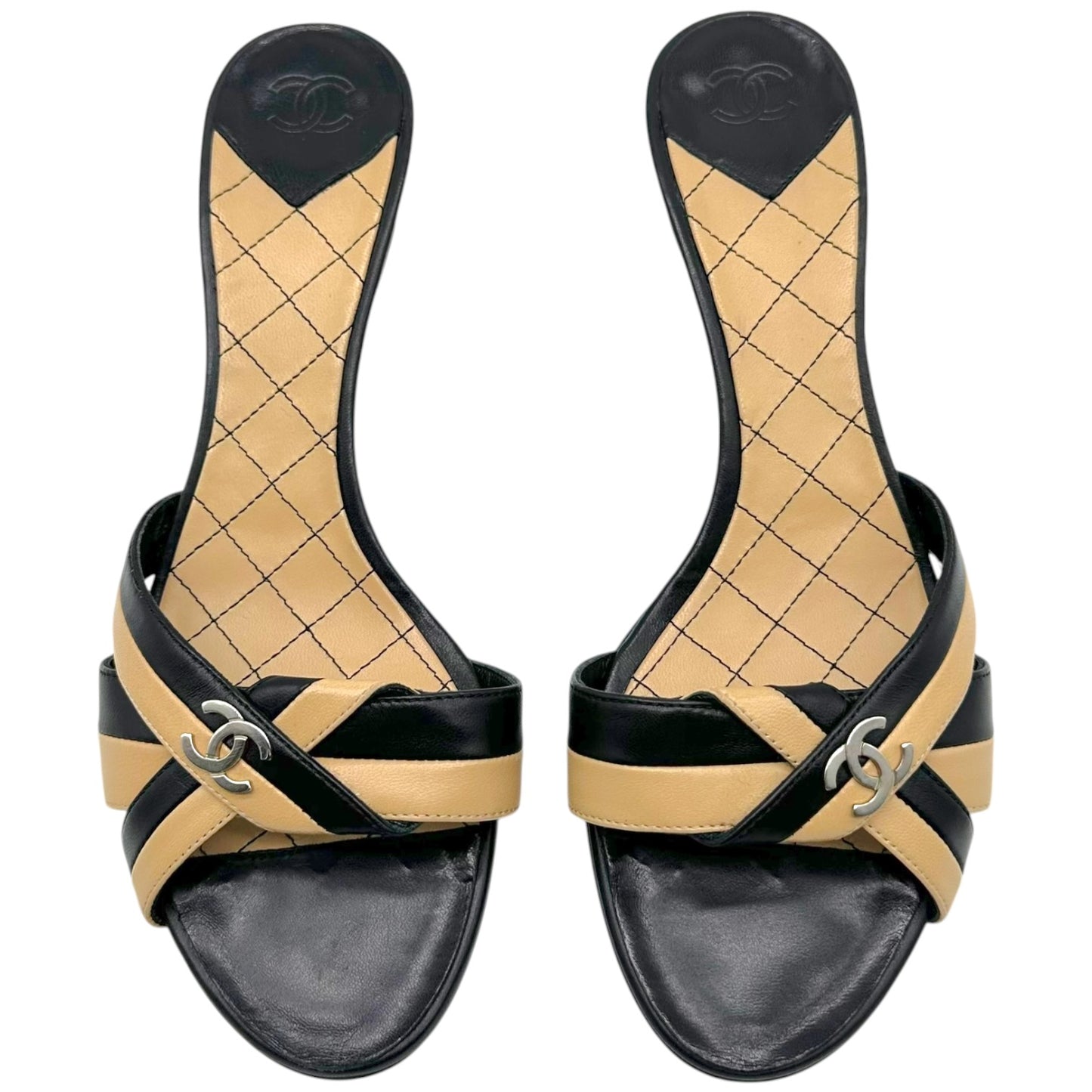 Chanel Black & Tan Striped Leather Kitten Heel Mule Sandals