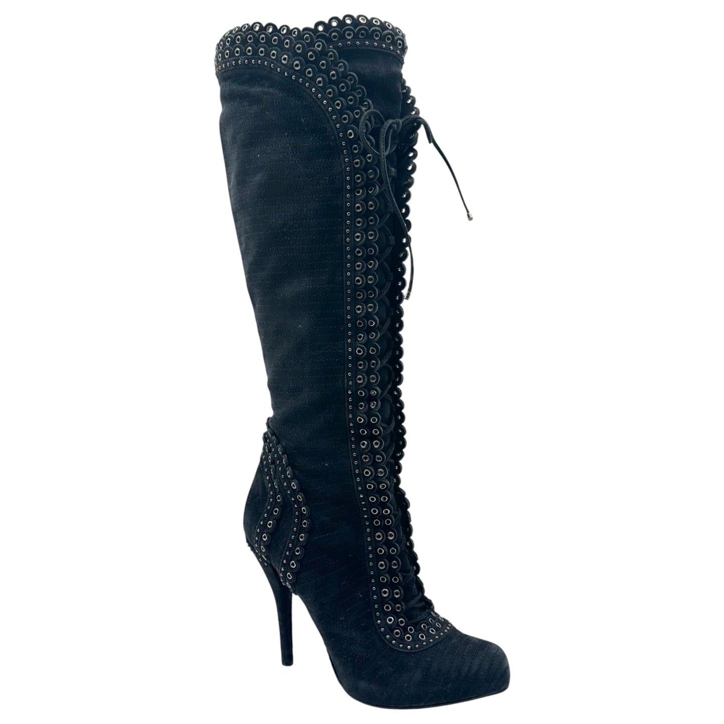 Christian Dior F/W 2011 Black Suede & Silver Rivet Lace Up Knee High Heeled Boots