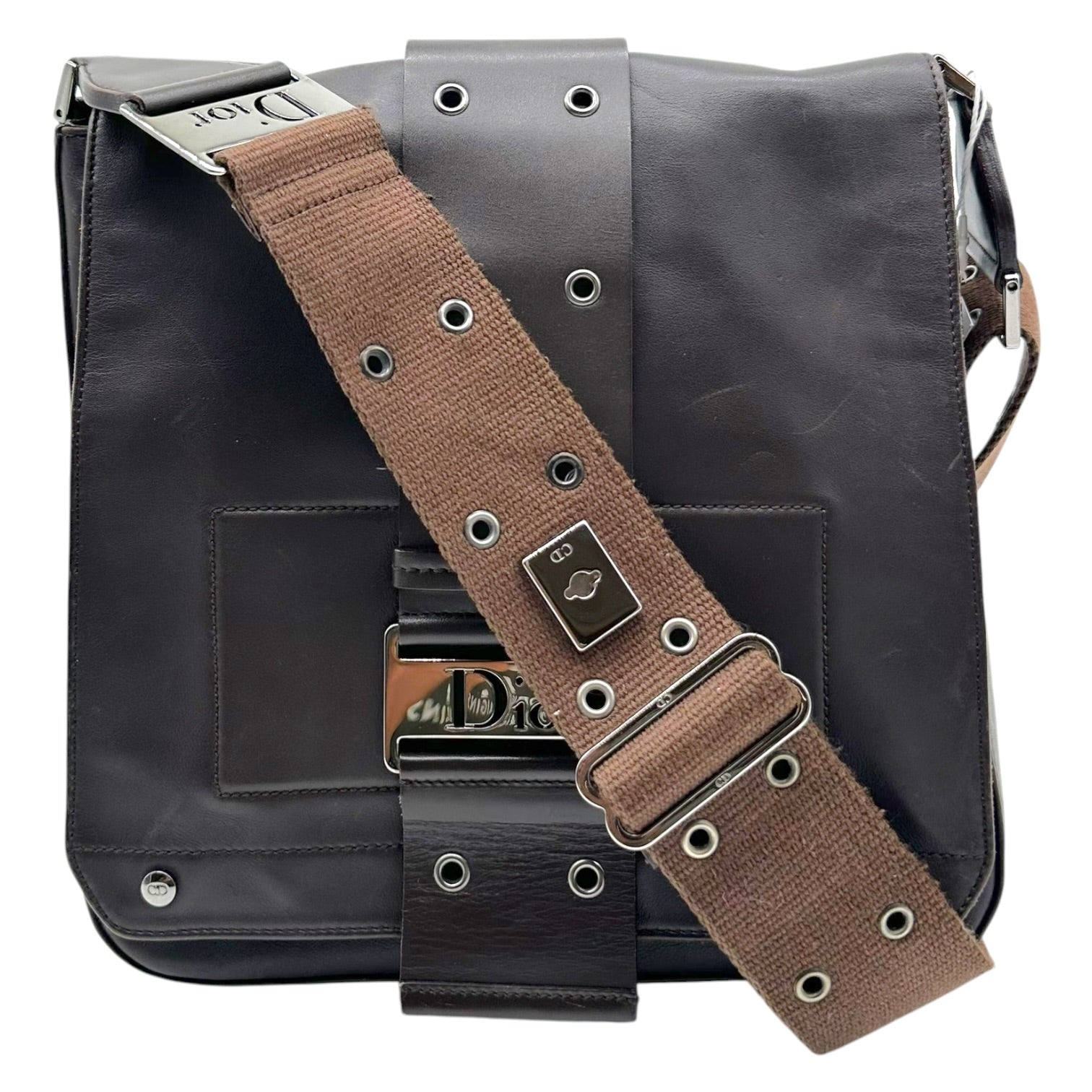 Christian Dior Brown Leather Silver Crossbody Bag
