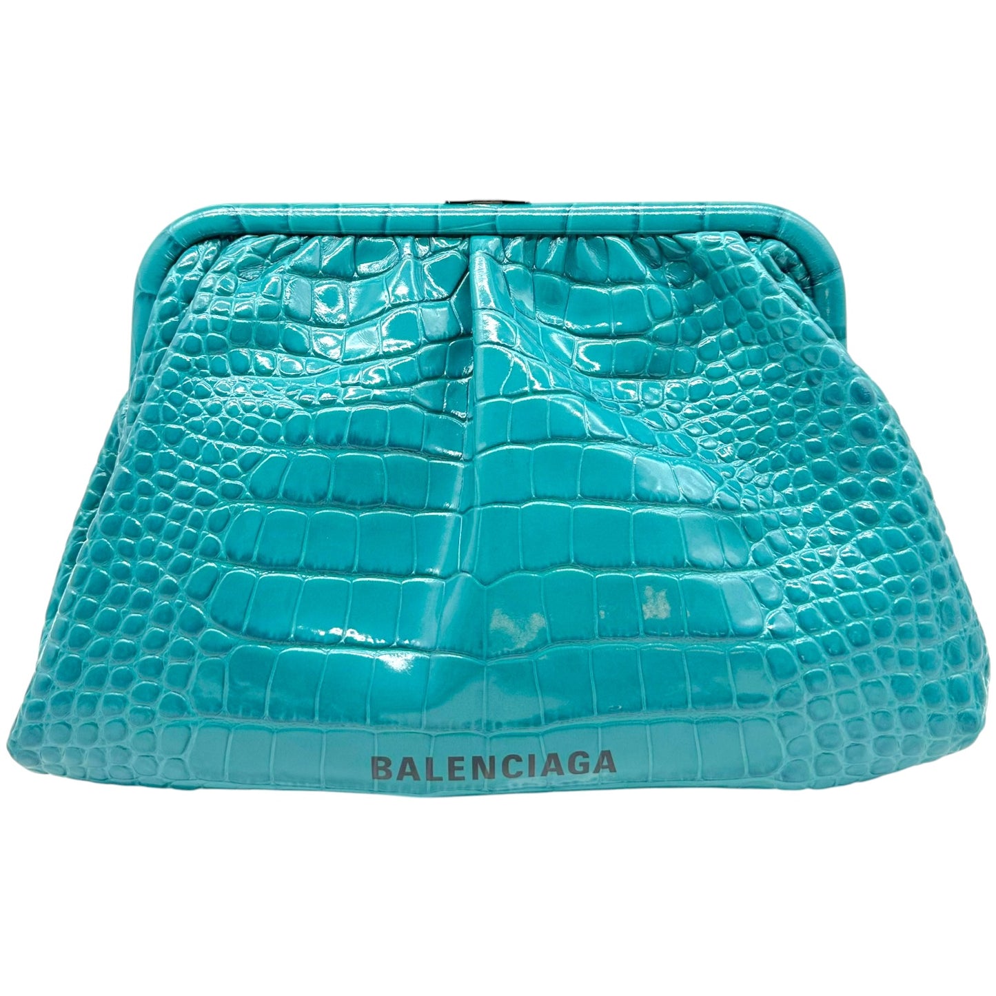Balenciaga Turquoise Blue Croc Embossed Kisslock Shoulder Bag