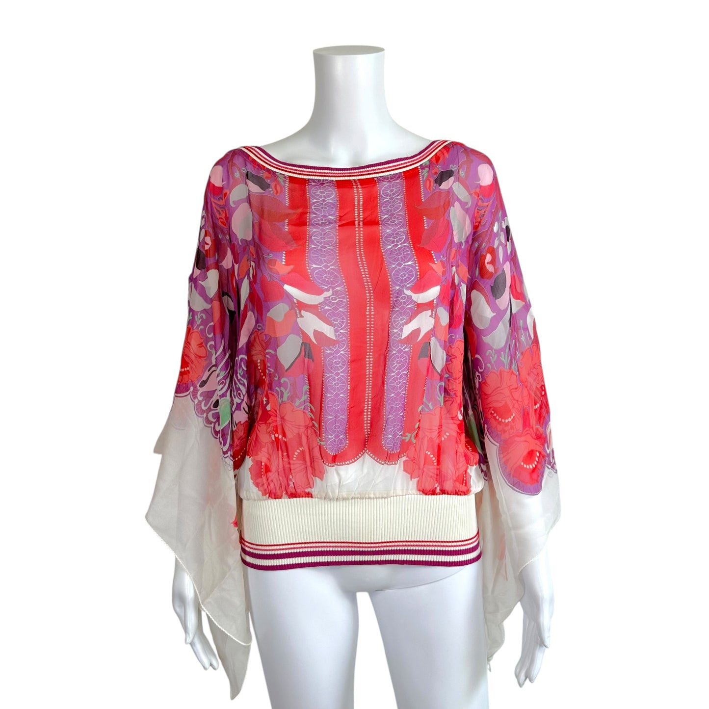 Roberto Cavalli Class White & Red Floral Print Sheer Silk Wide Sleeve Blouse