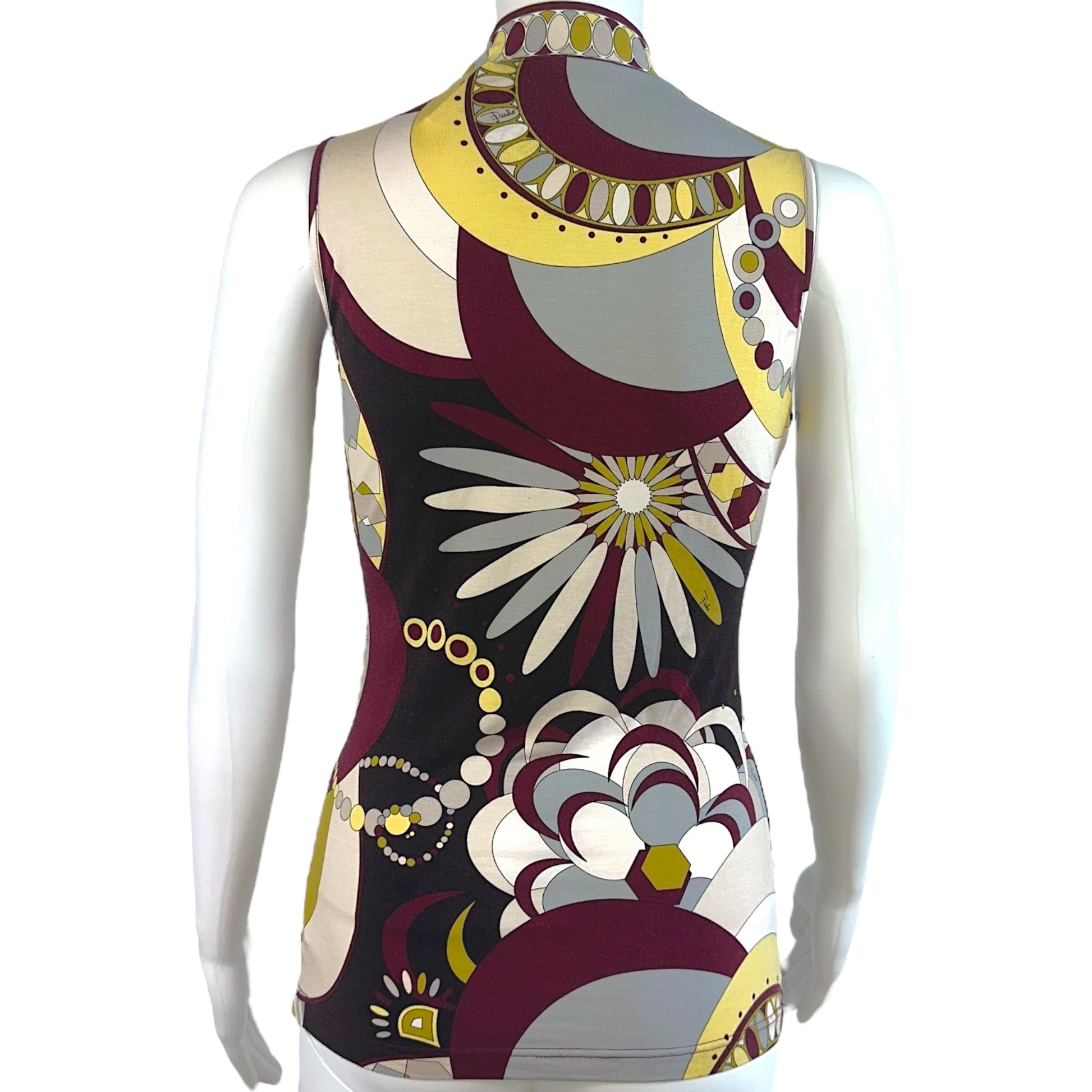 Emilio Pucci Tie Neck Burgundy & Green Printed Tank Top - Outfit Repeater