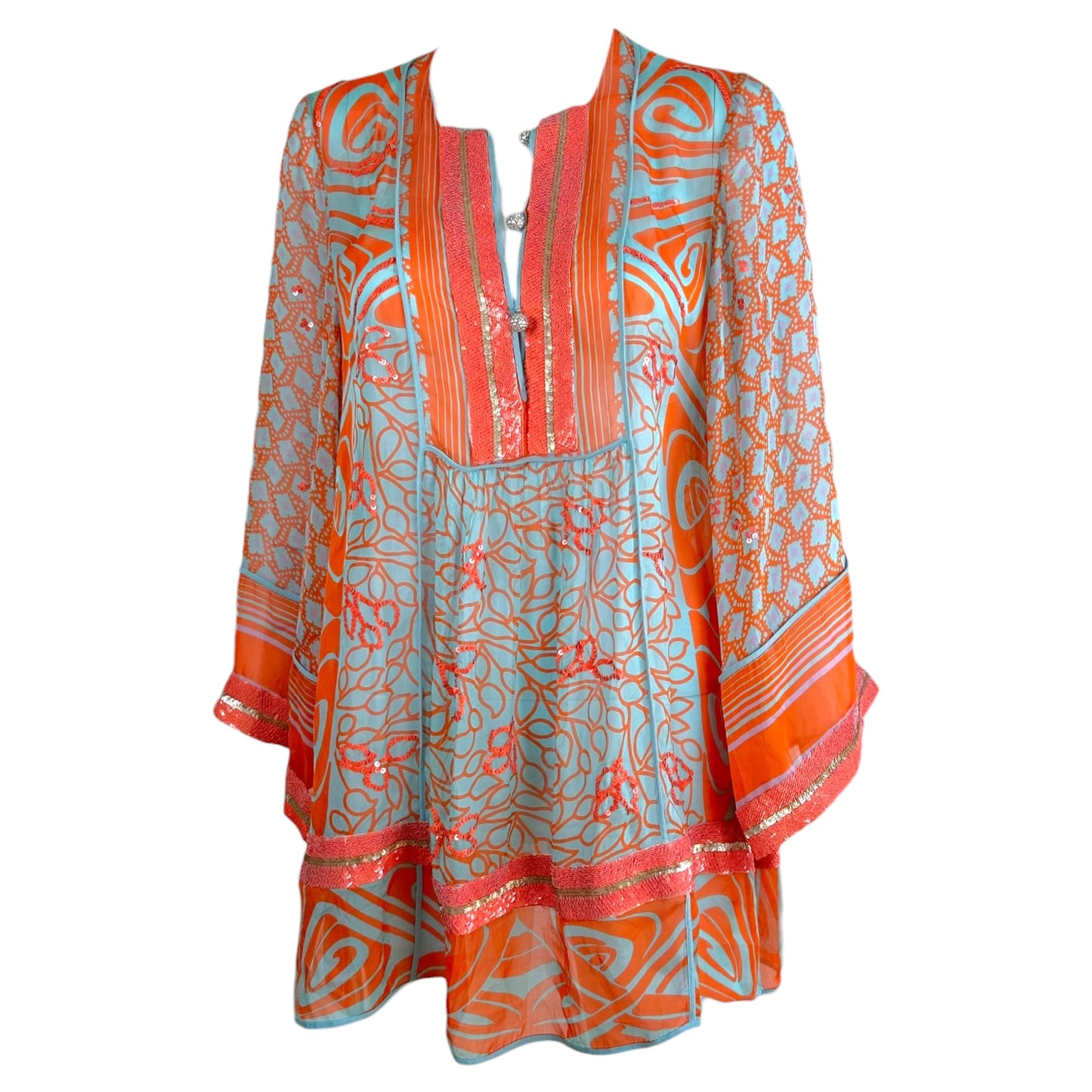 Blumarine Mini Dress Orange Turquoise Sequin Silk Sheer