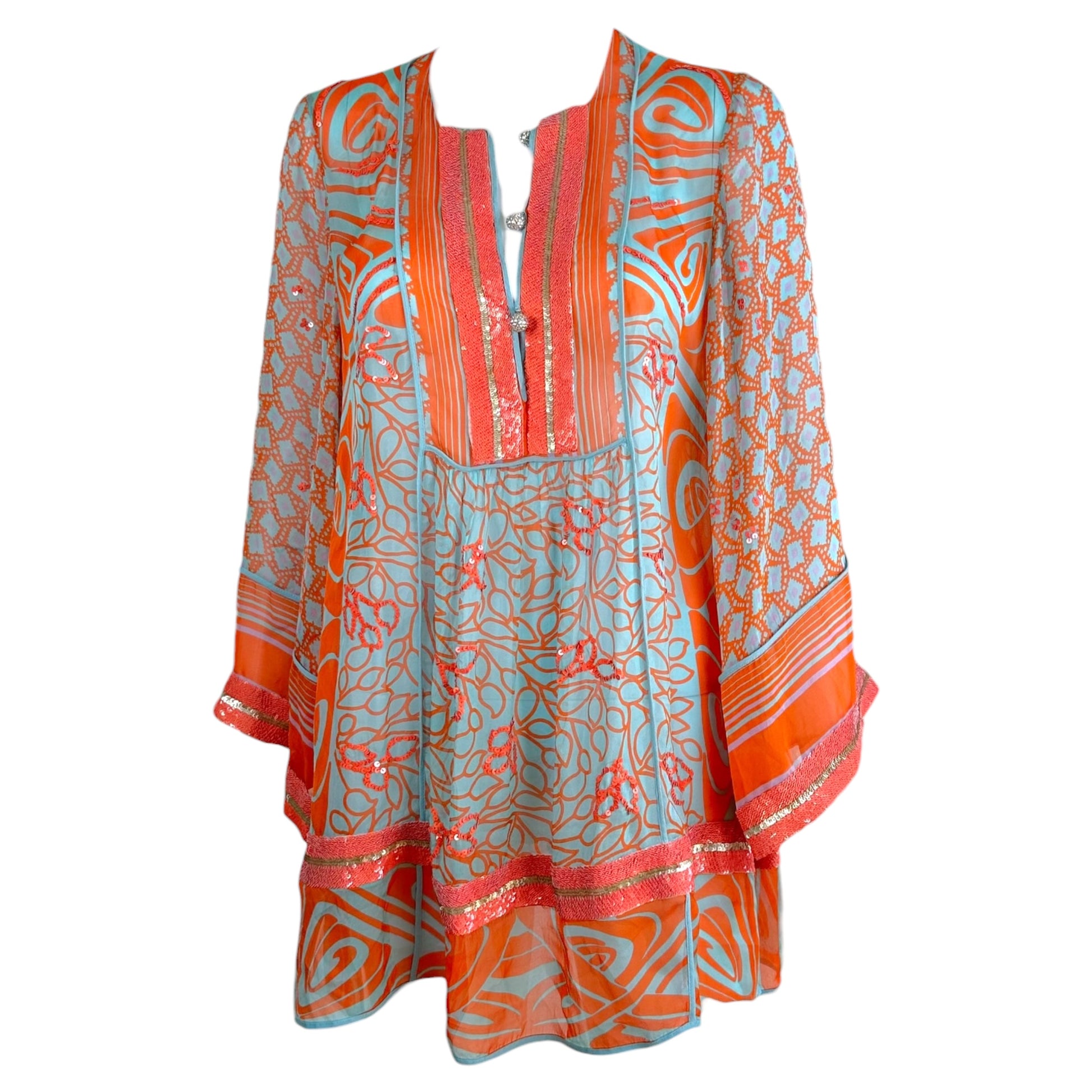 Blumarine Mini Dress Orange Turquoise Sequin Silk Sheer