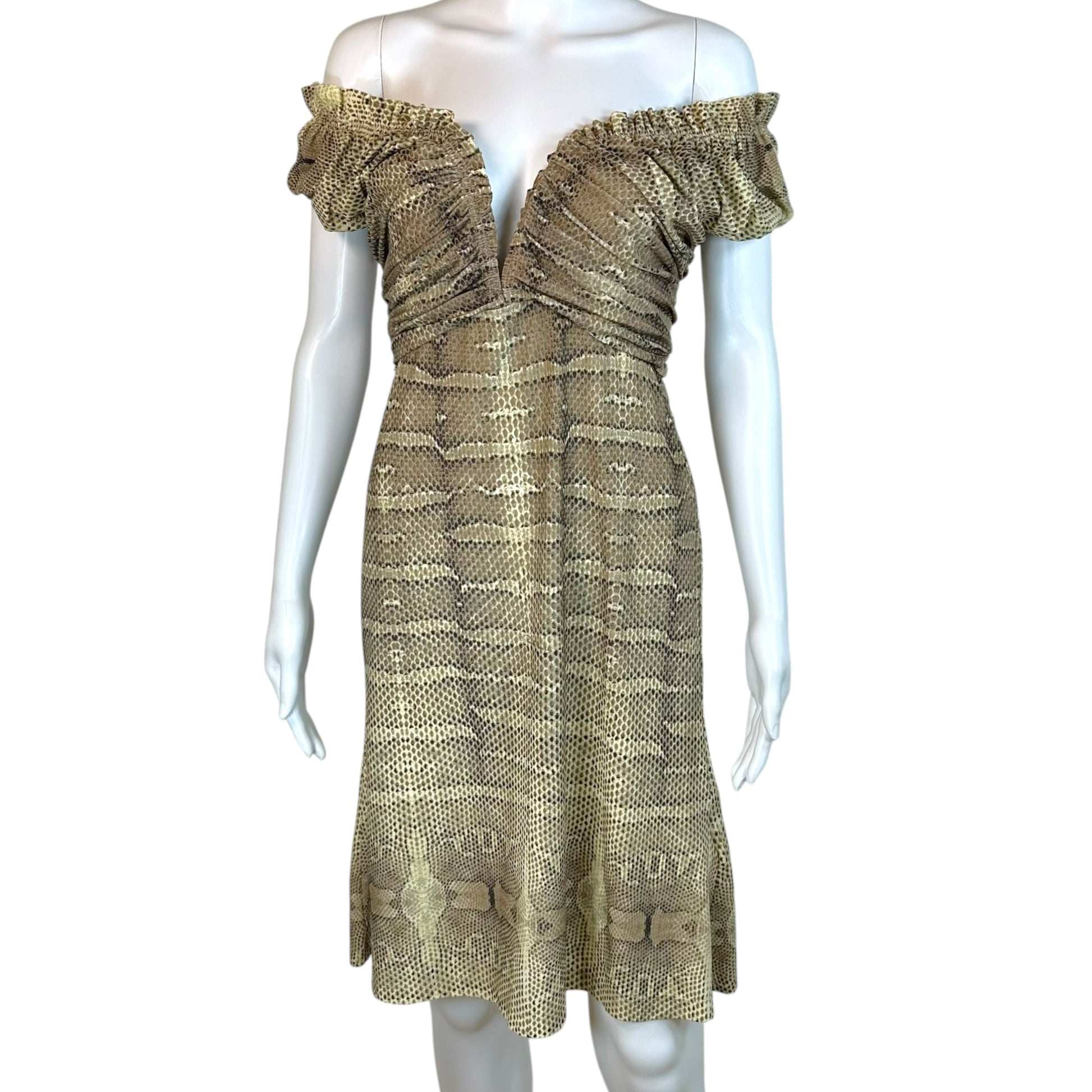 Roberto Cavalli Mini Dress Snakeskin Print V-Neck Large