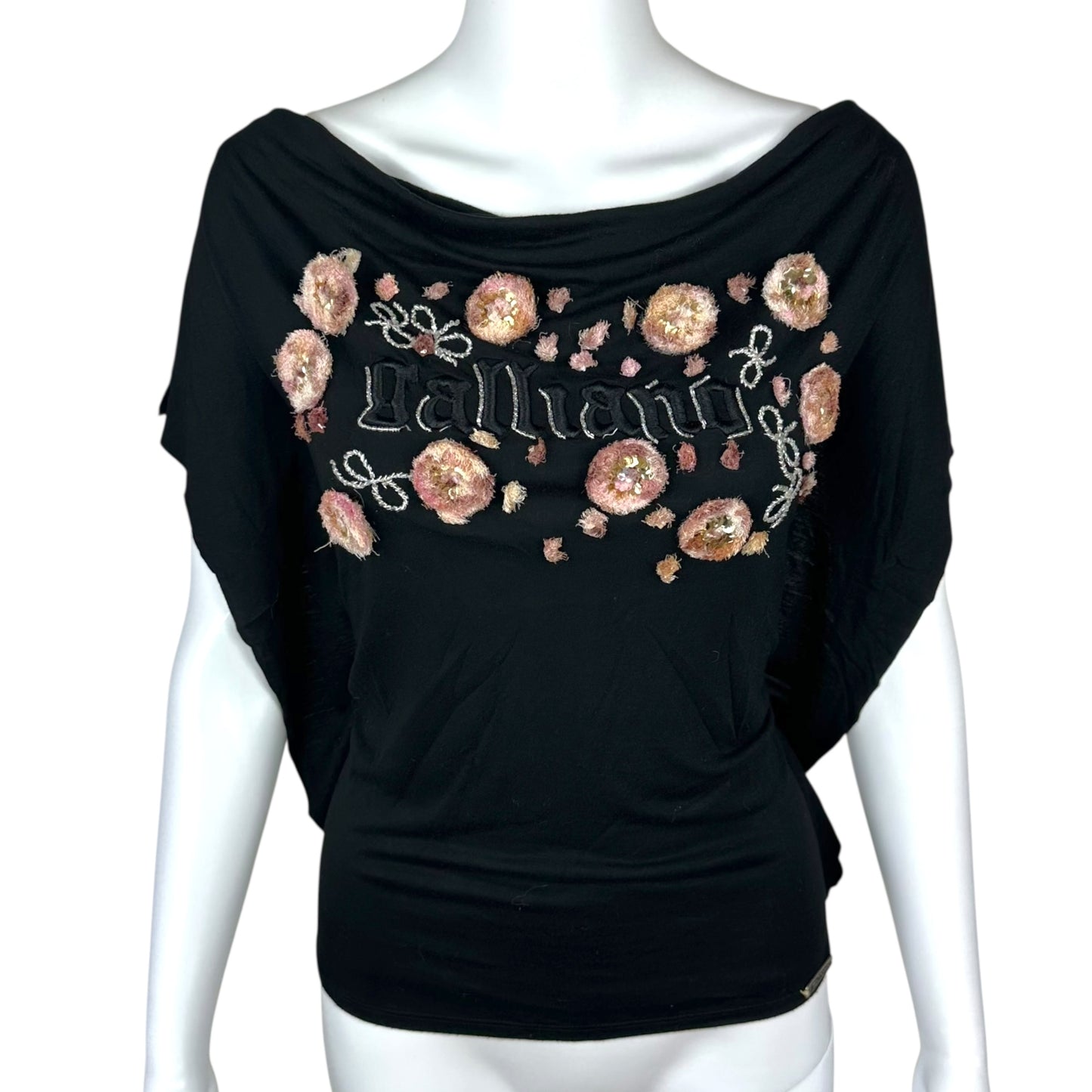 Galliano Black Off the Shoulder Embellished Logo Top
