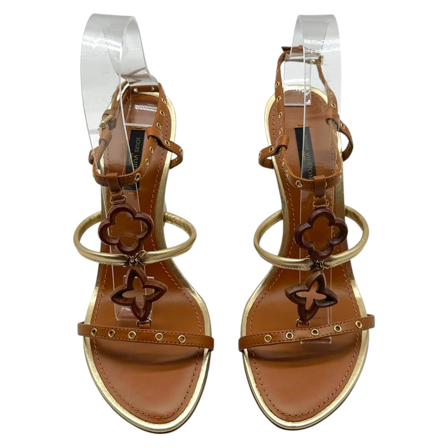 Louis Vuitton Brown & Gold Logo Motif Wooden Wedge Heel Sandals