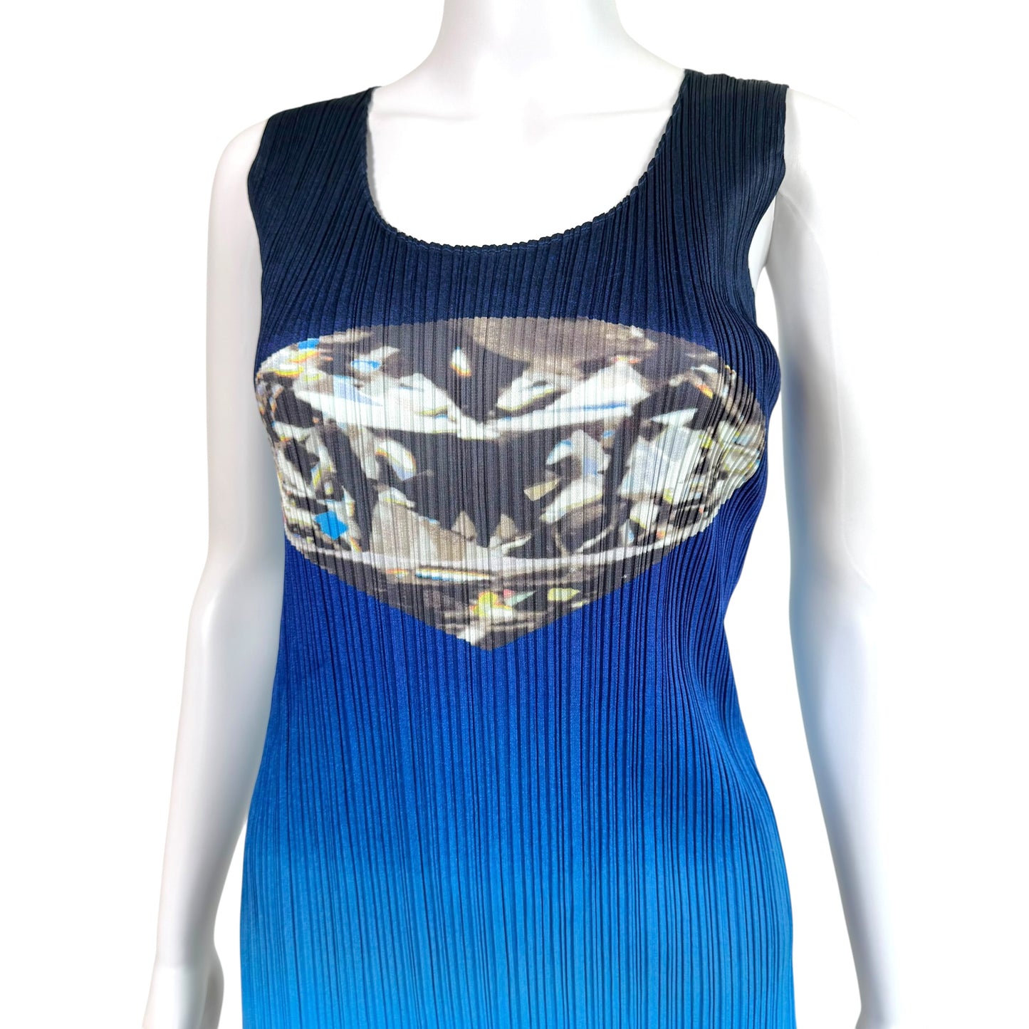 Issey Miyake Pleats Please Blue Ombre Diamond Graphic Print Pleated Maxi Dress Sz 4
