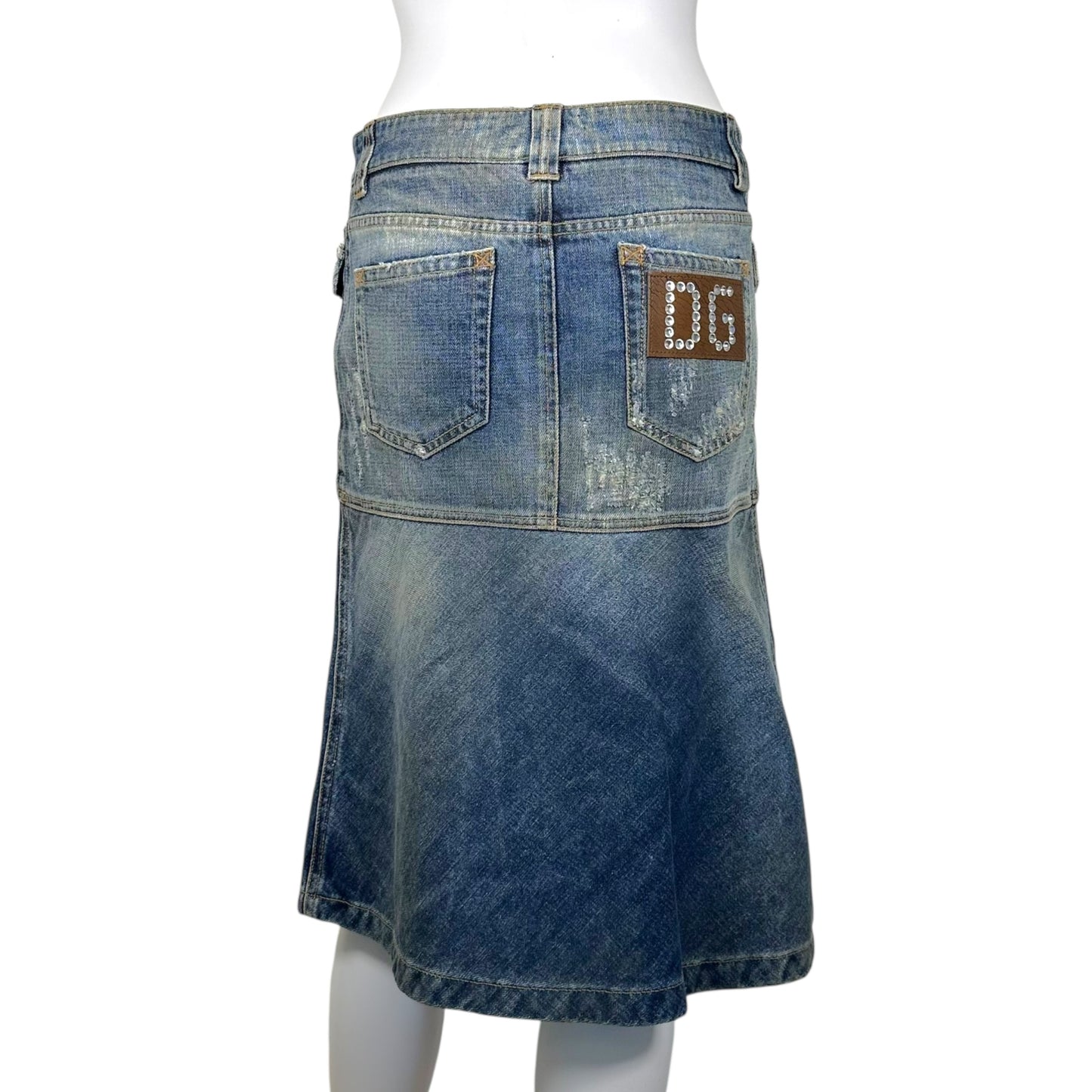 D&G Dolce & Gabbana Denim Logo Patch Midi Skirt NEW