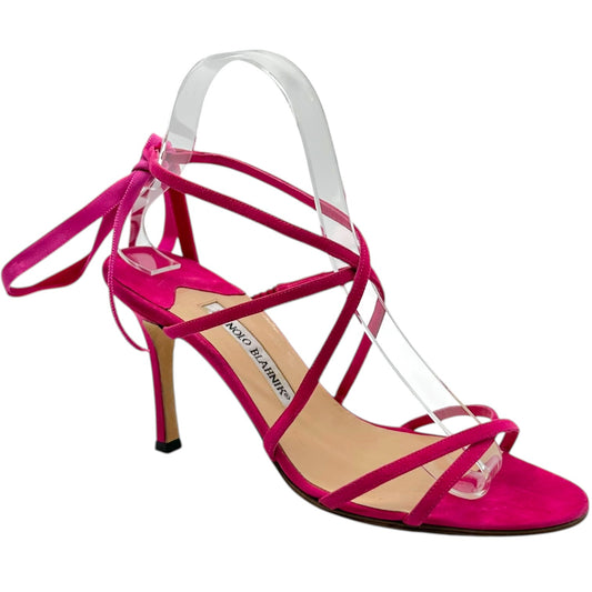 Manolo Blahnik Hot Pink Suede & Ribbon Wrap Sandal Heels - Outfit Repeater