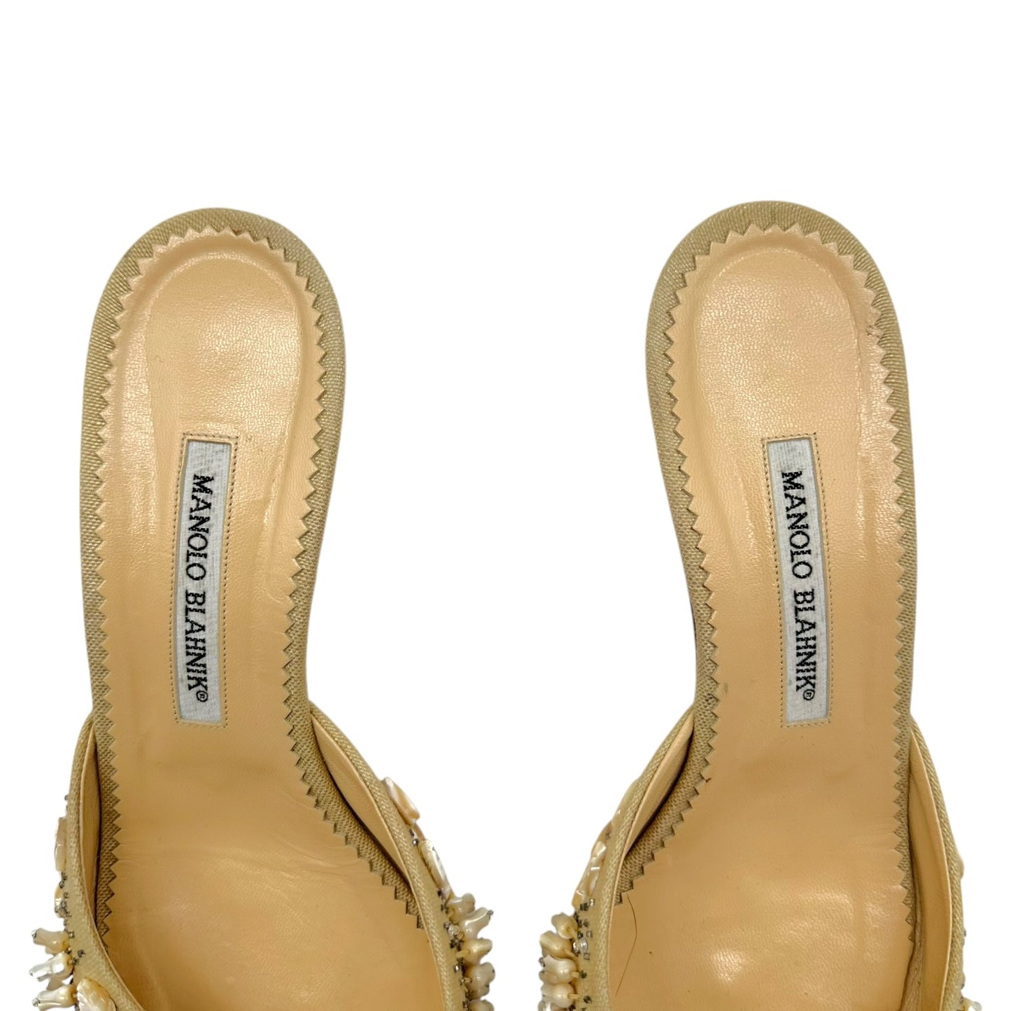 Manolo Blahnik Beige & Mother of Pearl Beaded Kitten Heel Mules