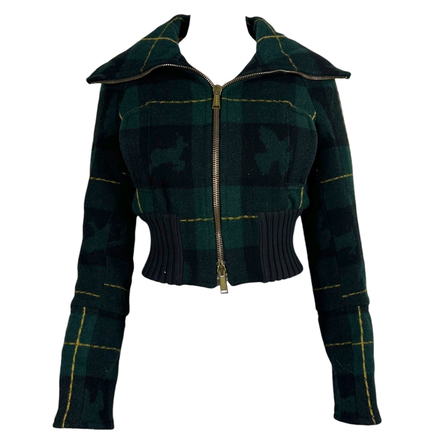 Dsquared2 Green Tartan Plaid Cropped Oversize Collar Bomber Jacket