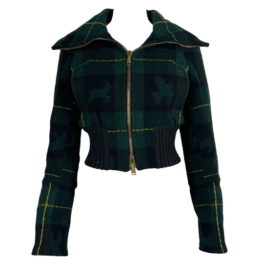 Dsquared2 Green Tartan Plaid Cropped Oversize Collar Bomber Jacket
