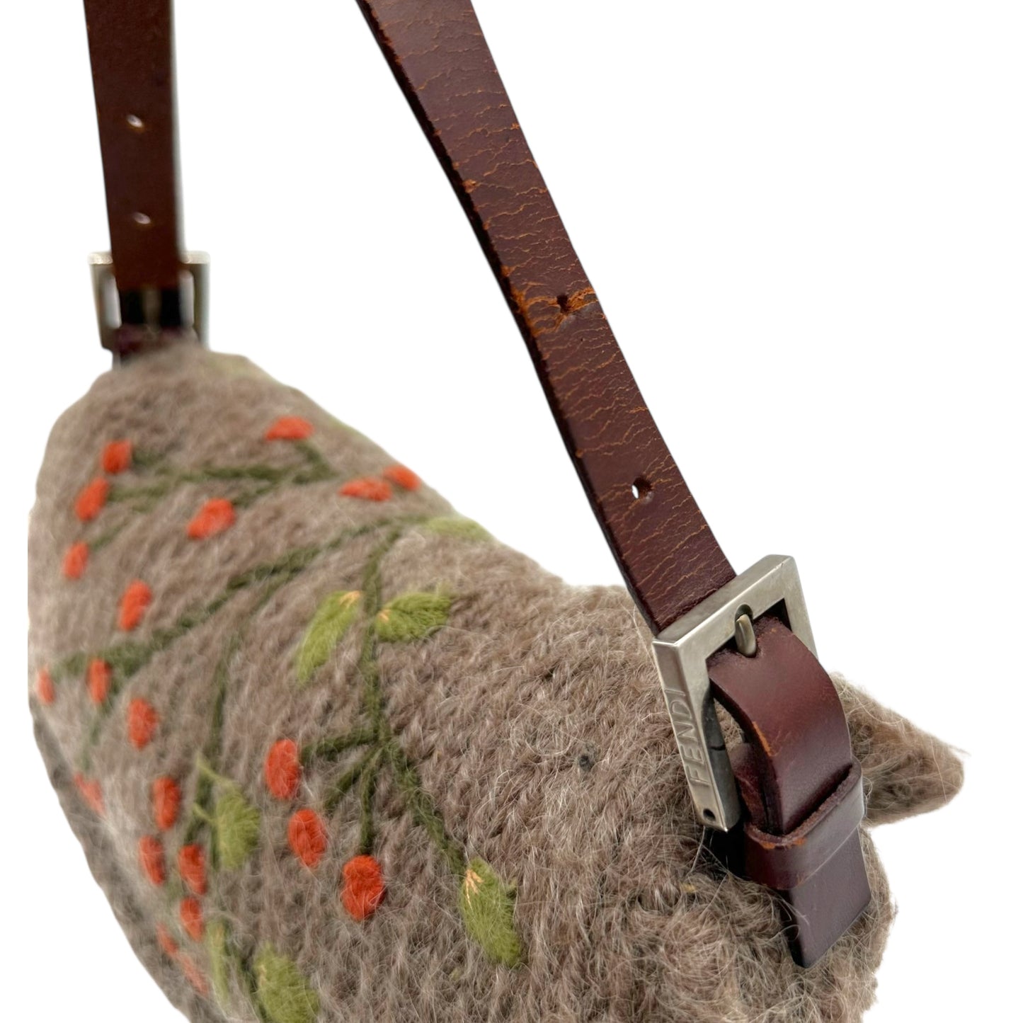 Fendi Gray Wool Cherry Embroidered Baguette Bag RARE