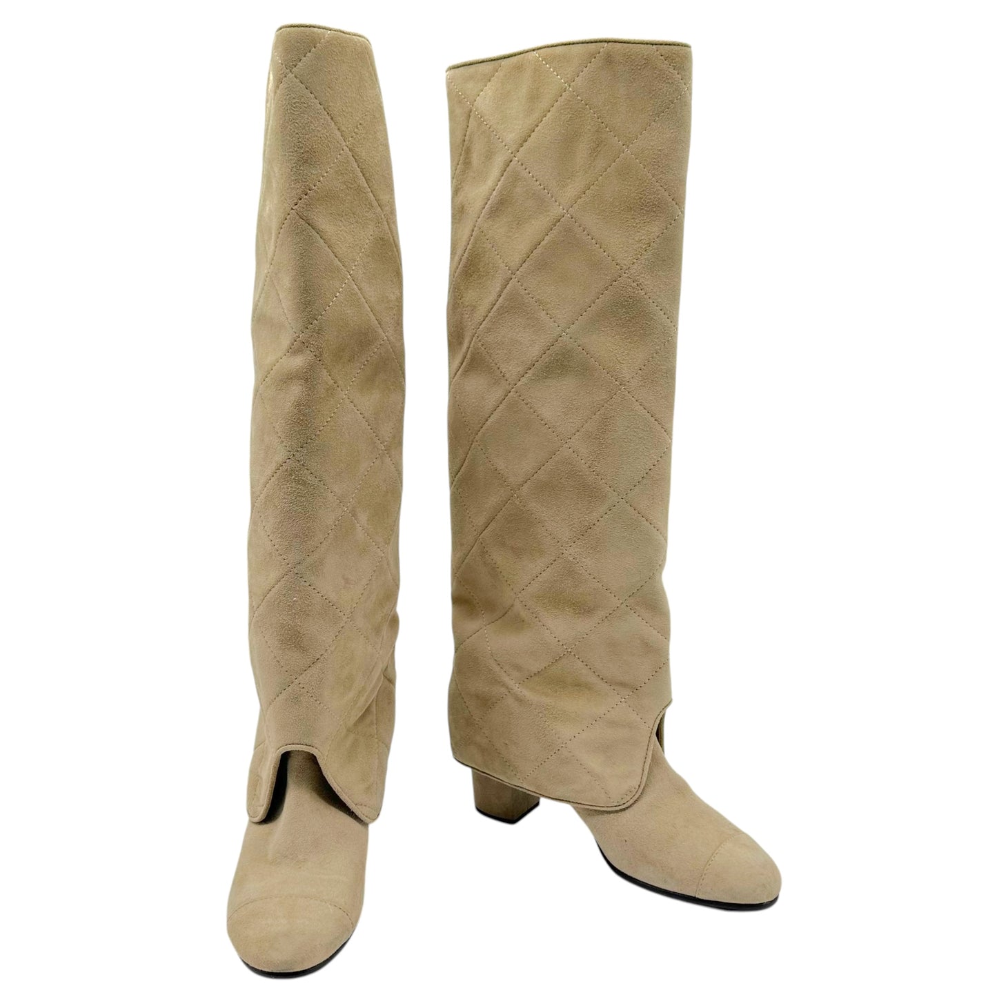 Chanel Tan Suede Quilted Fold-Over Boots