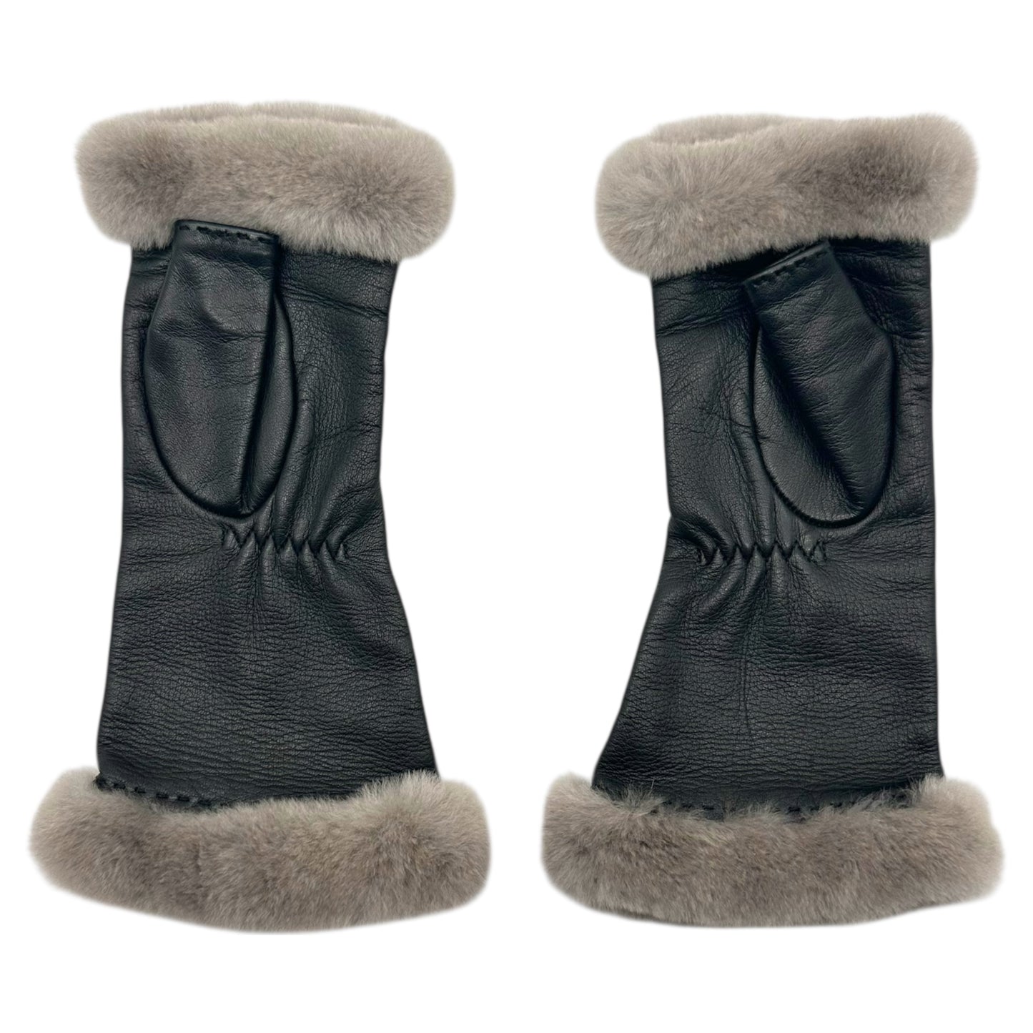Hermes Gray Rabbit Fur & Black Lambskin Fingerless Gloves
