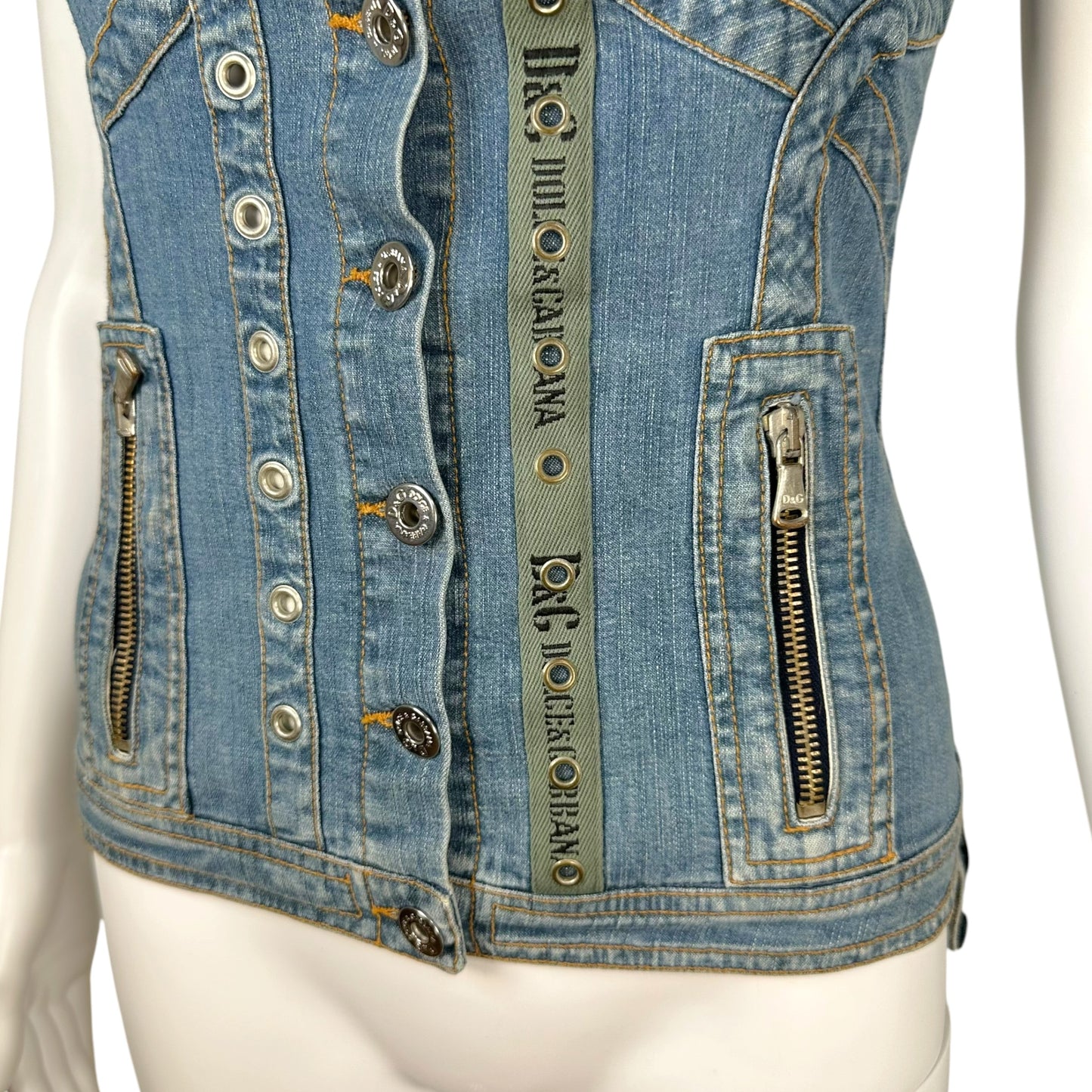 D&G Denim Khaki Bustier Top Adjustable Straps Zippered Pockets