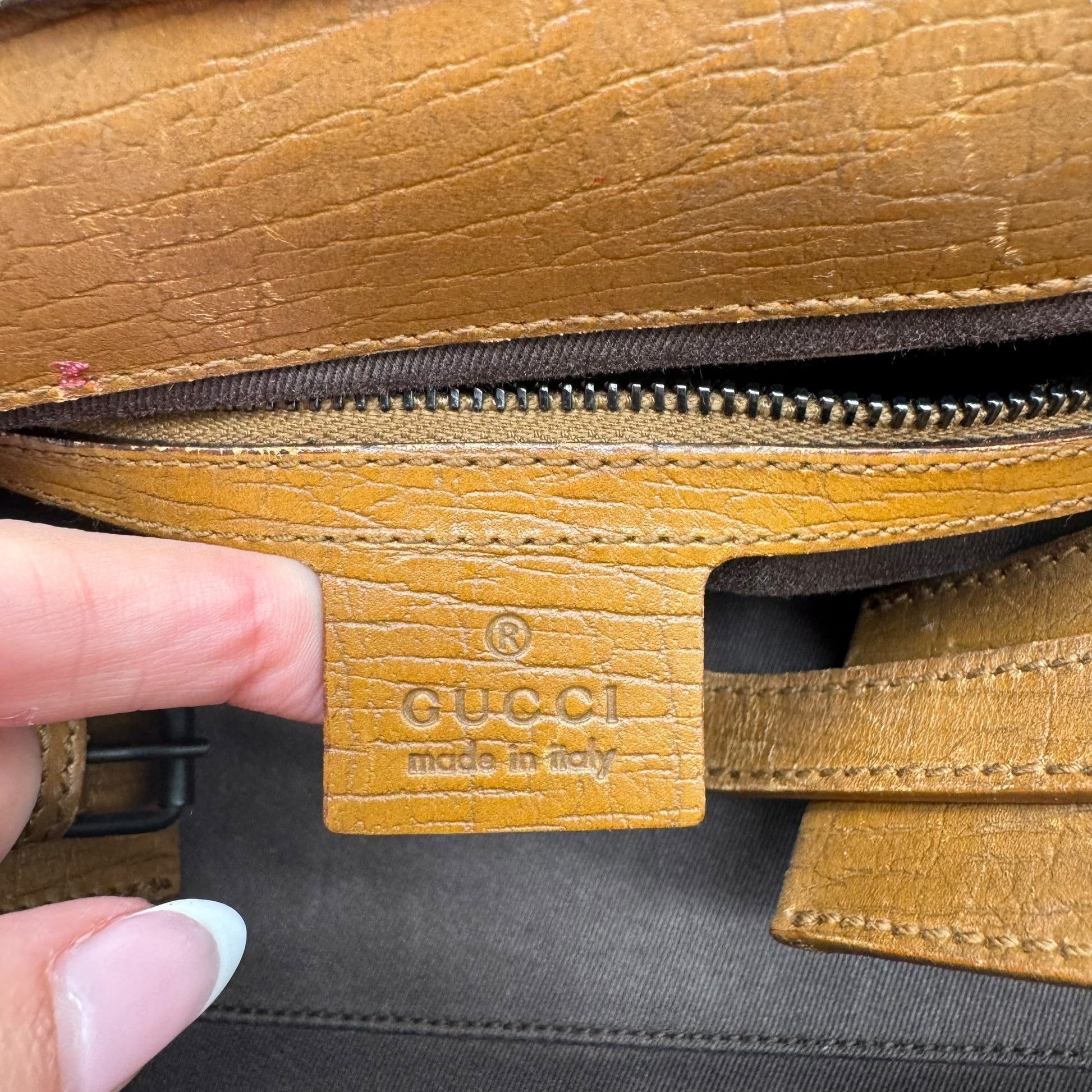Gucci East-West Bag Tan Monogram Canvas Wooden Frame