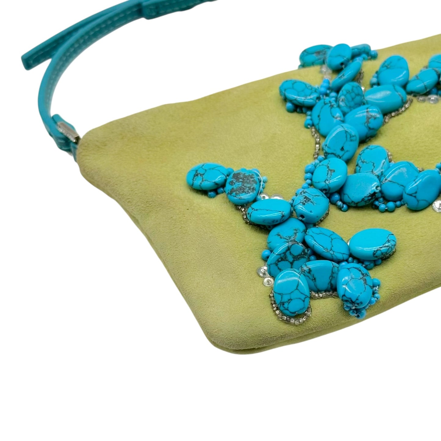 Valentino Green Suede Turquoise Beaded Pochette Bag