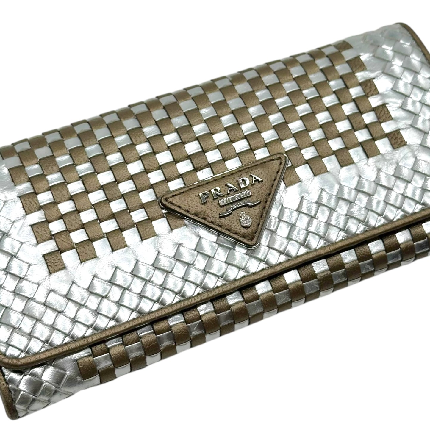Prada Woven Long Wallet Metallic Silver Gold
