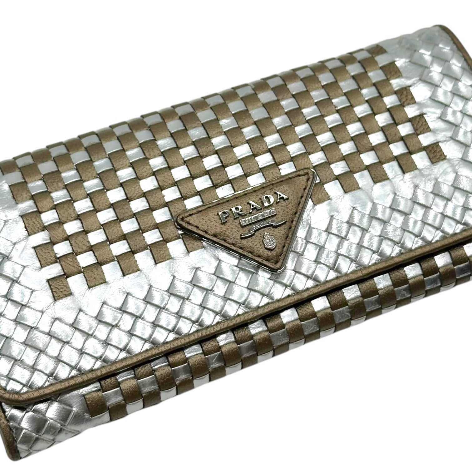 Prada Woven Long Wallet Metallic Silver Gold
