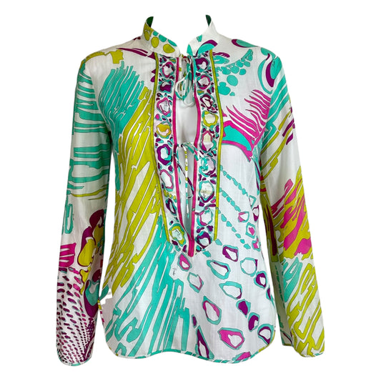 Emilio Pucci Turquoise & Pink Printed Semi-Sheer Blouse