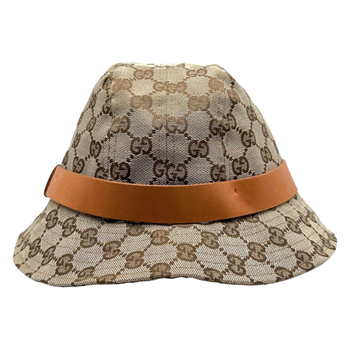 Gucci Tan Canvas Monogram Leather Trim Bucket Hat