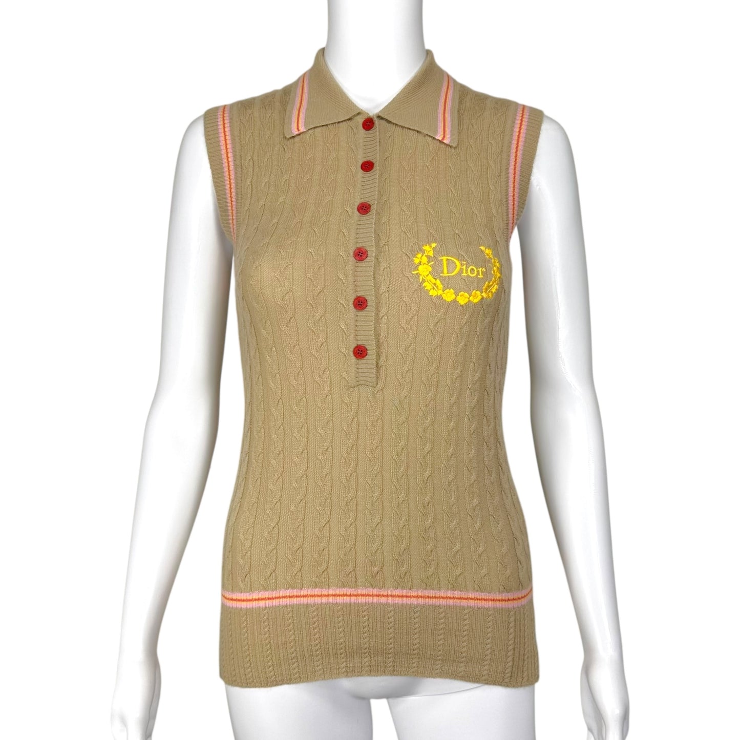 Christian Dior F/W 2004 Beige & Pink Cashmere Knit Polo Tank NEW