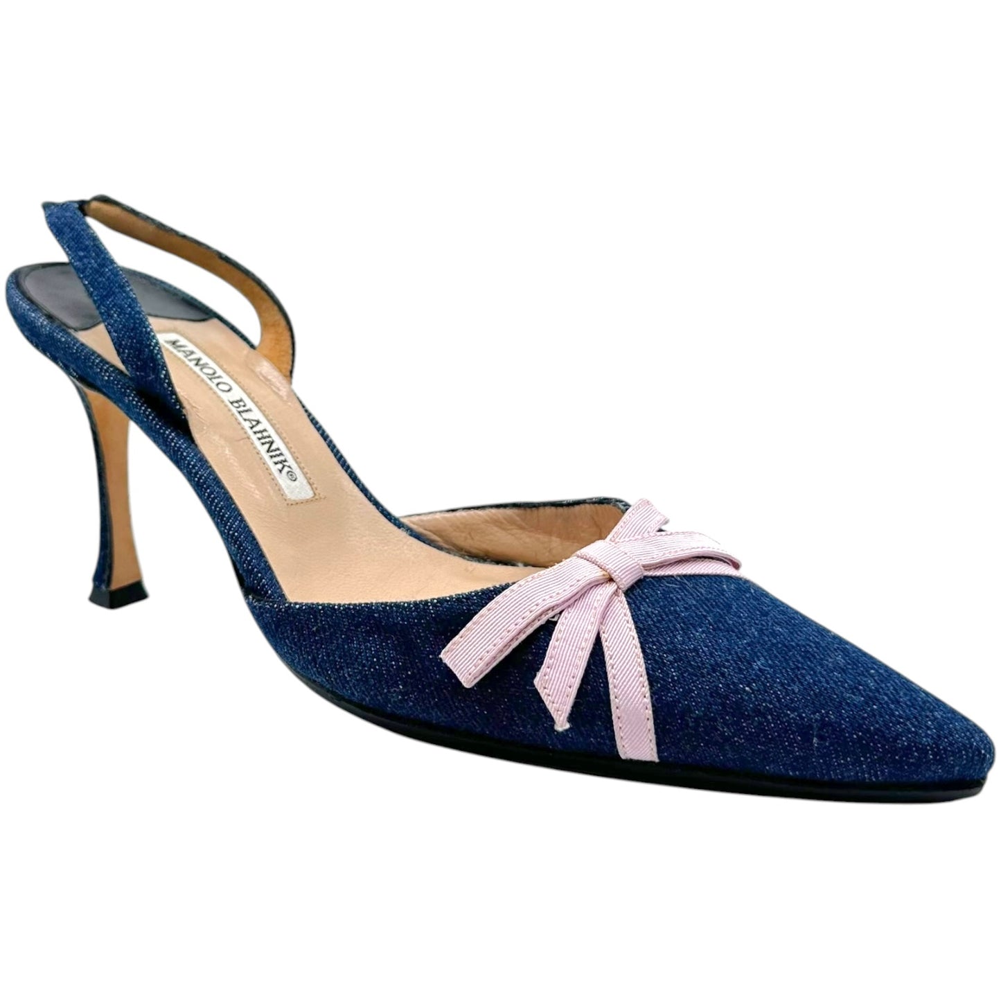 Manolo Blahnik Denim & Pink Bow Slingback Heels