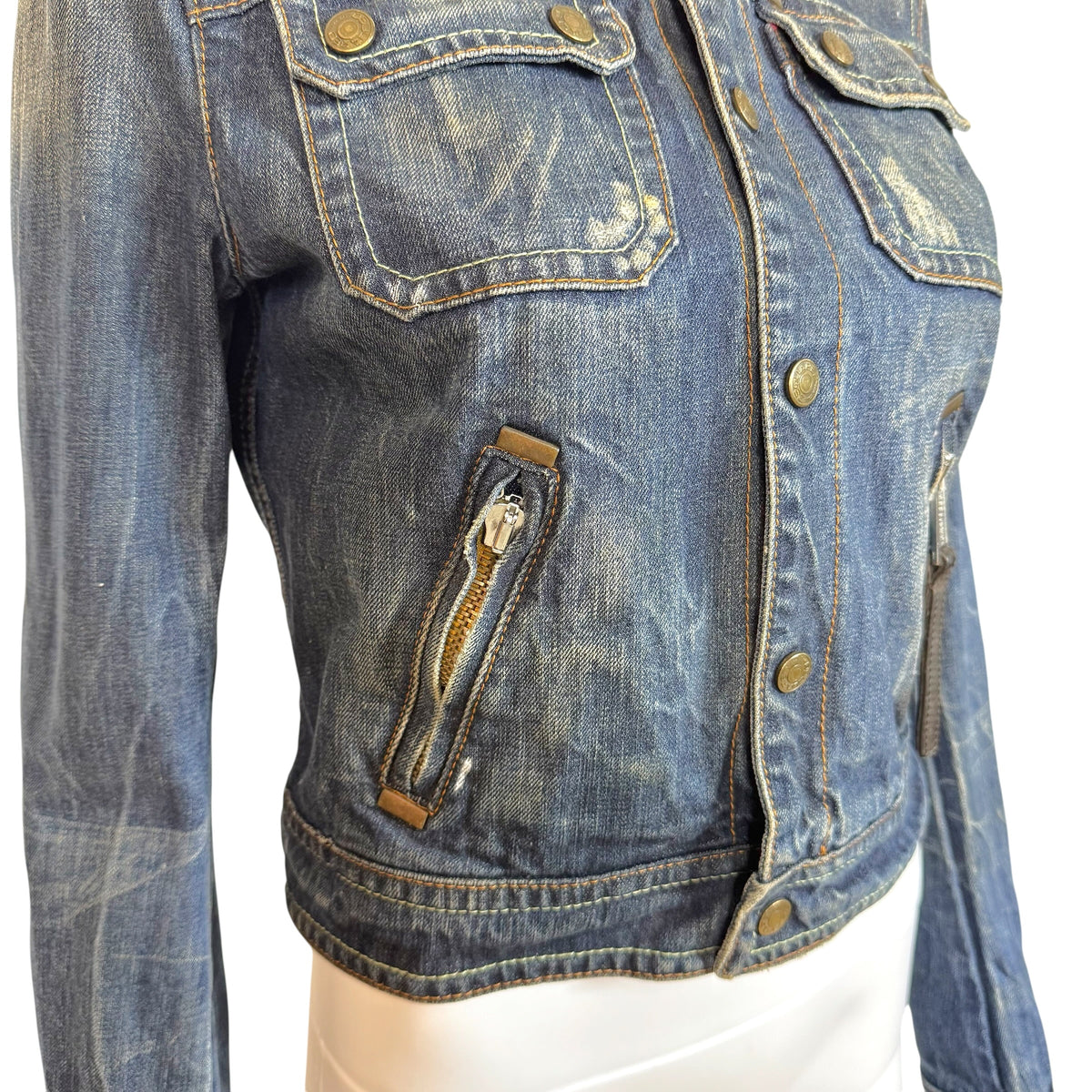 Dsquared2 Distressed Denim & Brown Ponyhair Collar Cropped Jacket