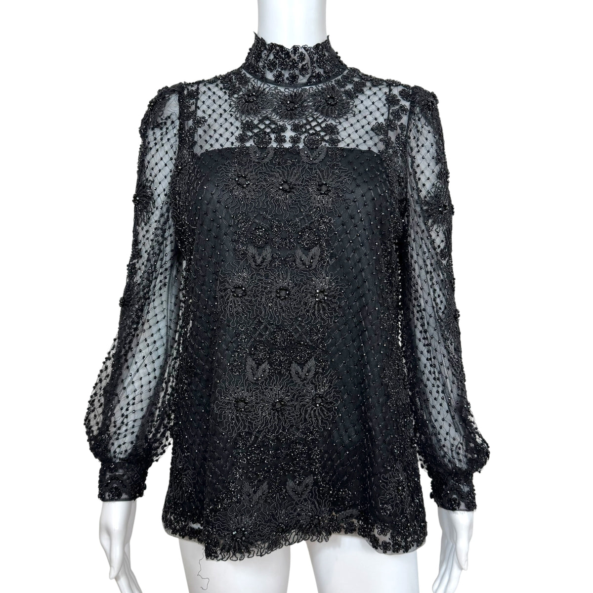 Valentino Black Beaded Lace Longsleeve Blouse