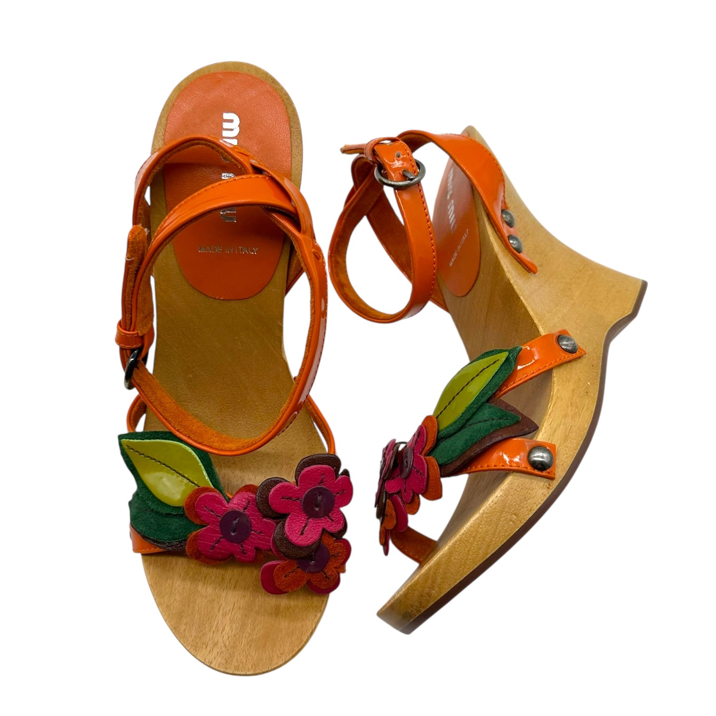 Miu Miu Orange Floral & Wooden Wedge Sandals