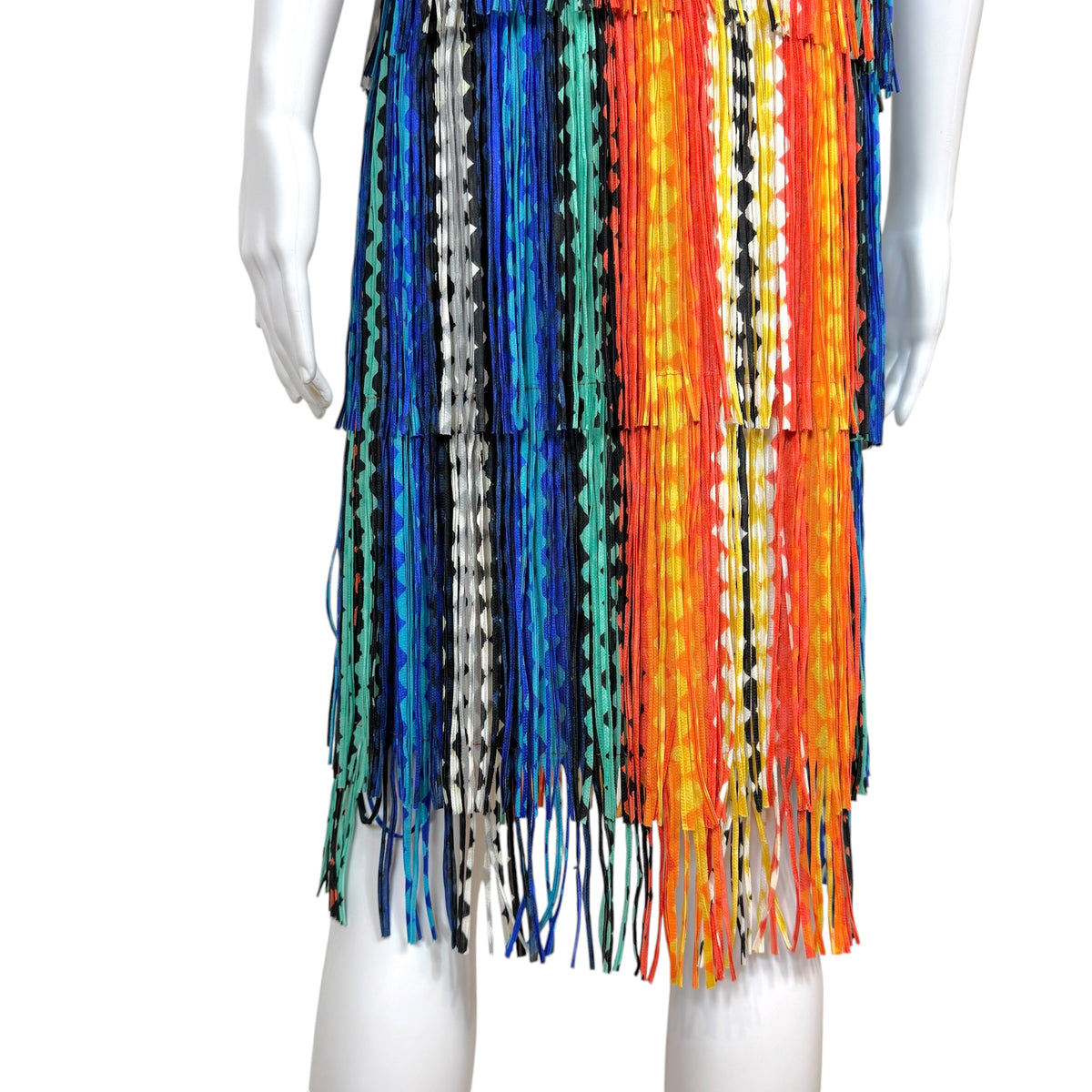 Issey Miyake Pleats Please Multicolor Diamond Print Fringe Trim Midi Dress Sz 3
