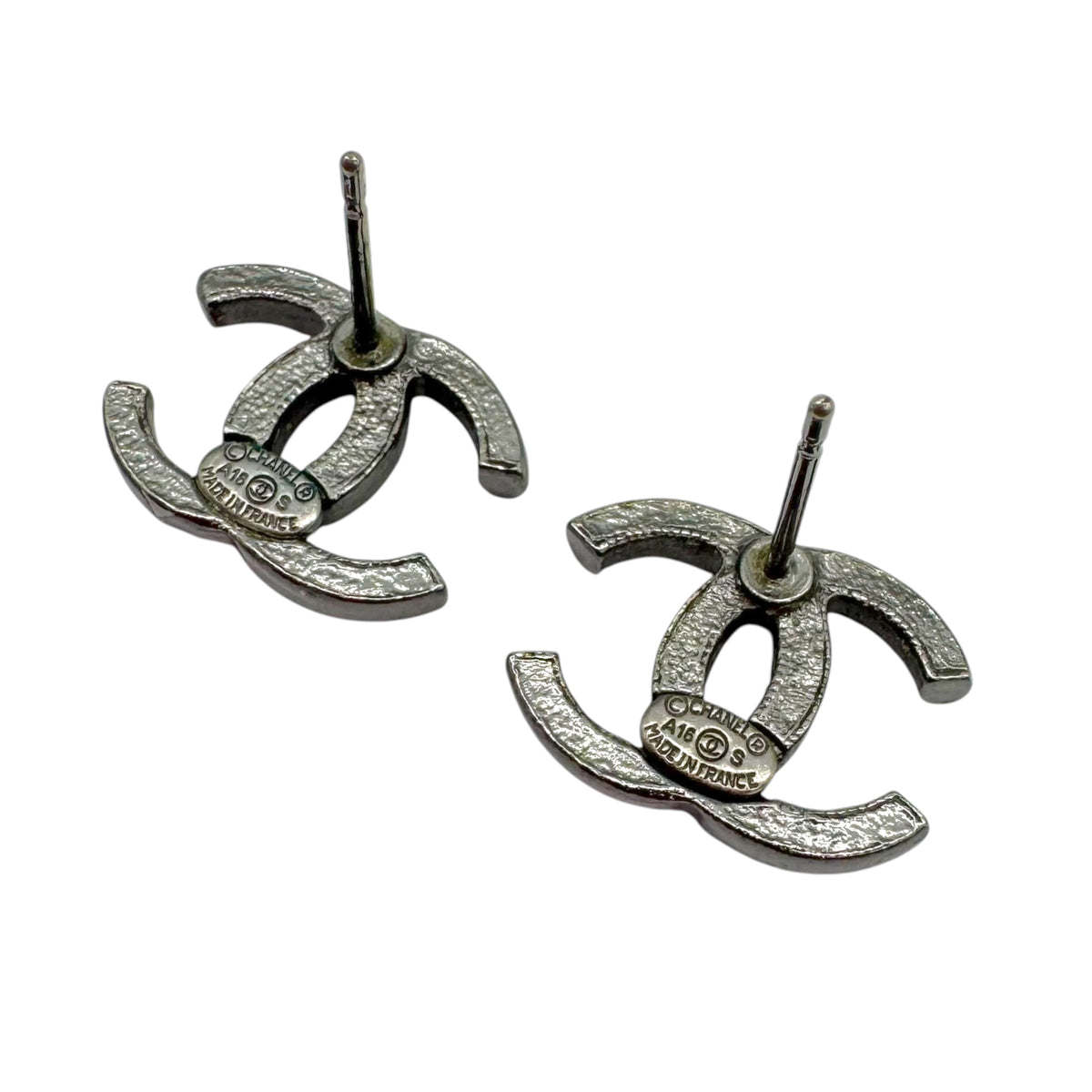Chanel Gunmetal Gray CC Crystal Logo Earrings