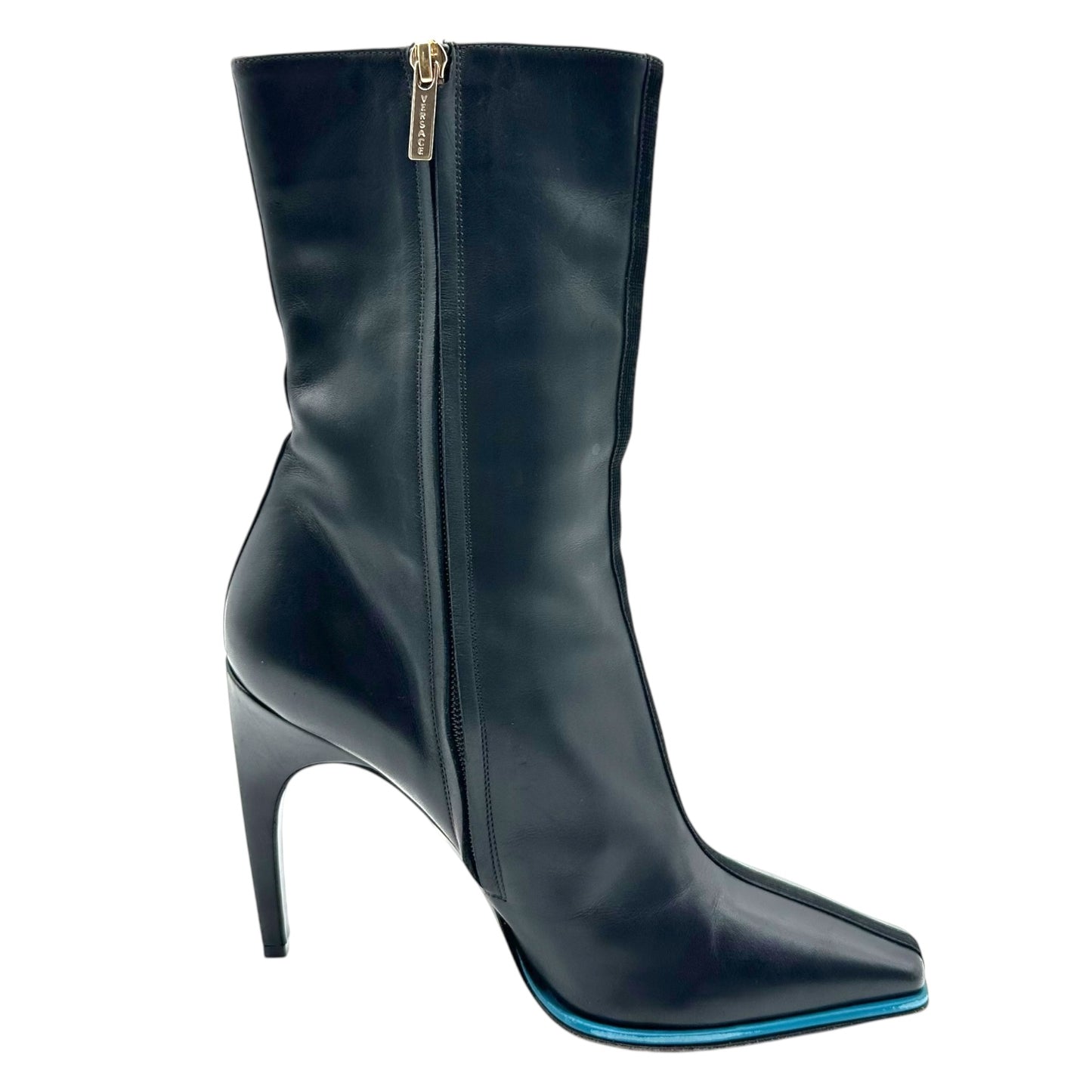 Versace Black Leather Floral Patchwork Heeled Boots
