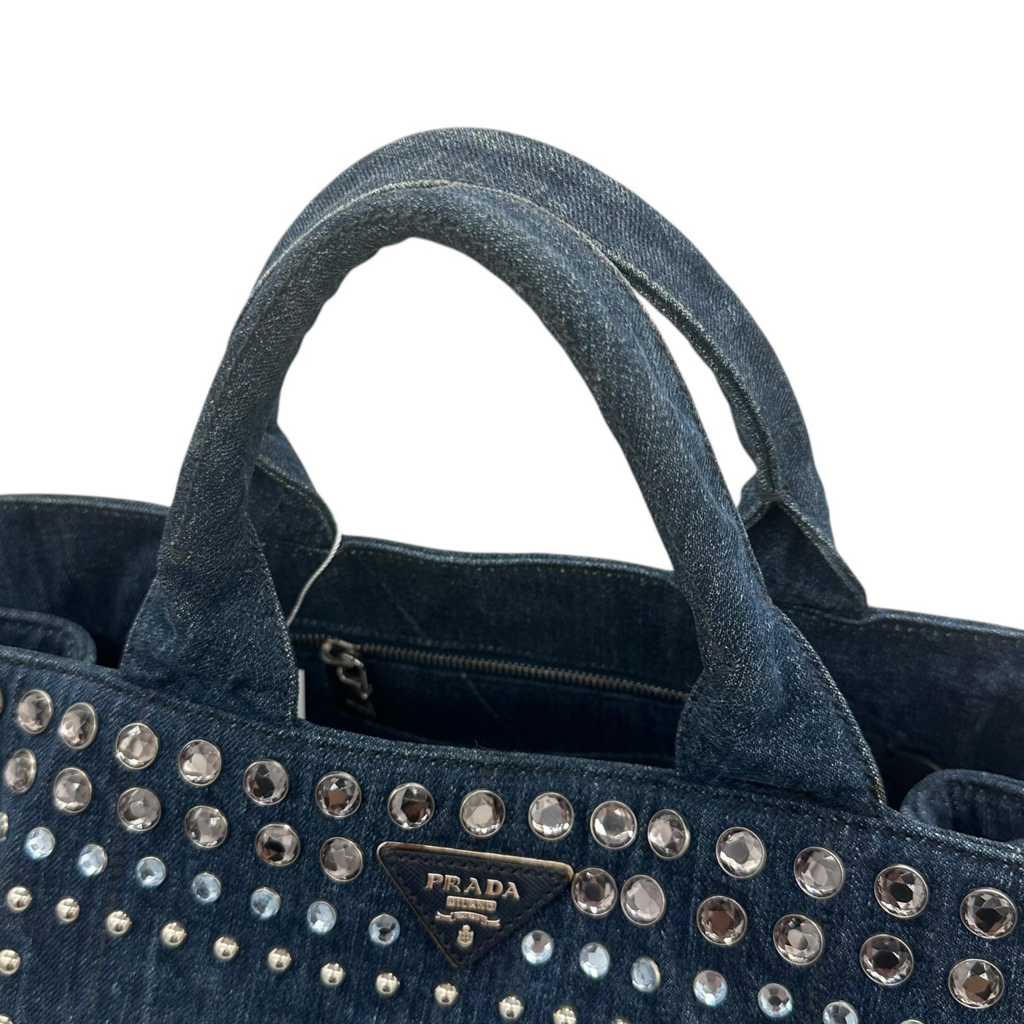 Prada Rhinestone Studded Denim Canapa Tote Bag