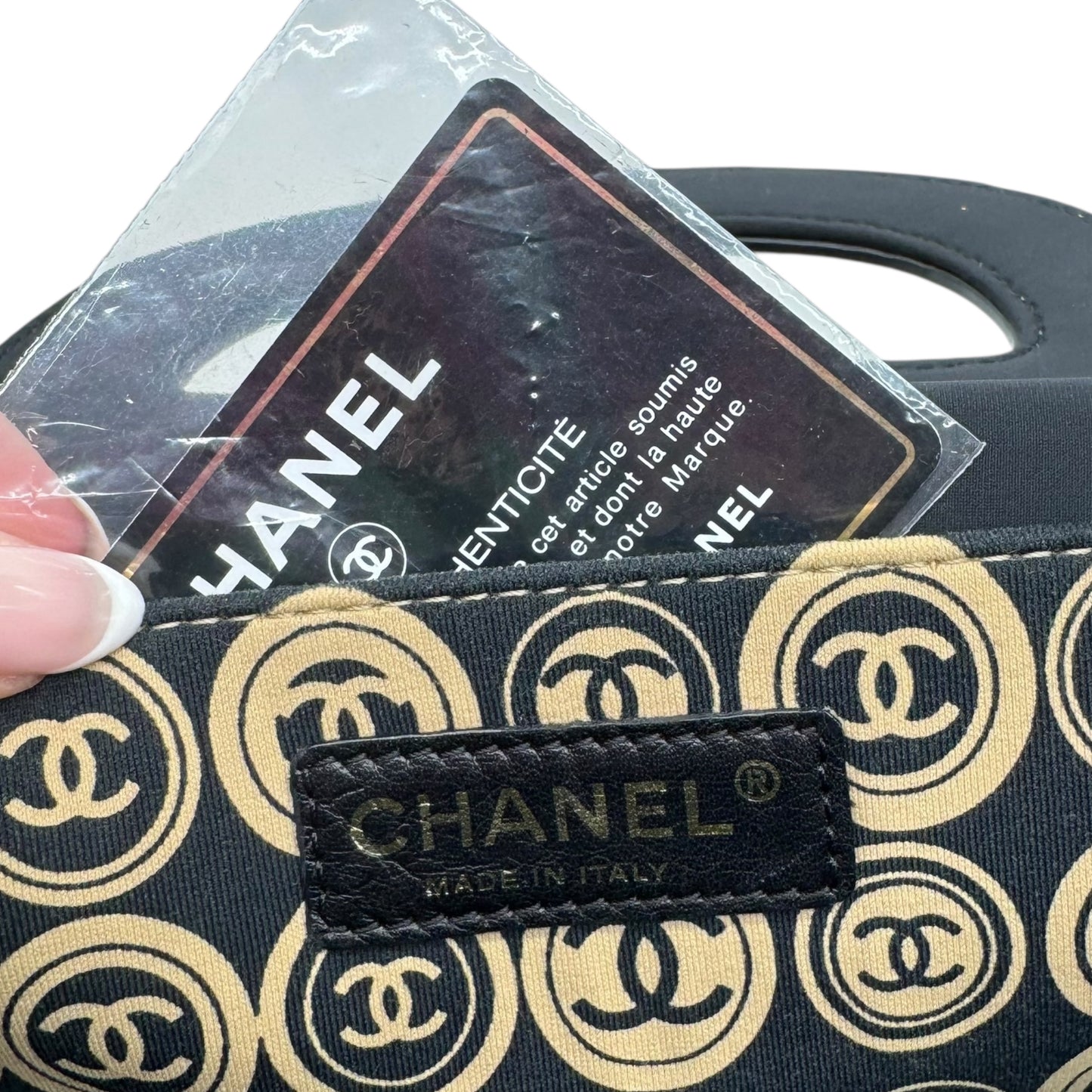 Chanel A/W 2003 Beige & Black Logo Print Oversized Clutch Bag - Outfit Repeater